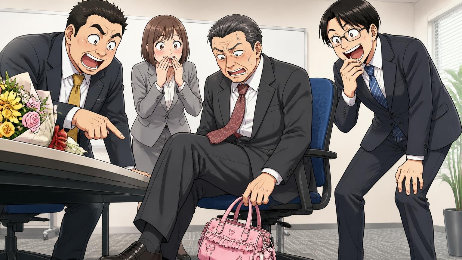 年齢や役職と噛み合っていない 昇進祝いの会議室で部下に囲まれた管理職が足元のバッグを気にする場面、4人