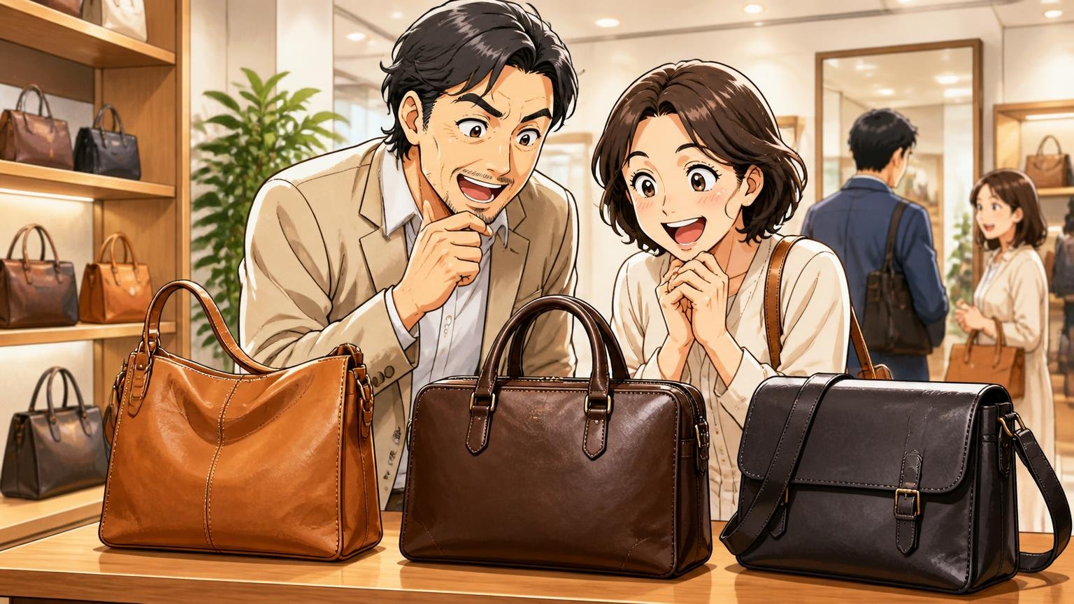5つのチェックを満たす1本が見つかりやすい、日本製の革バッグブランド3選、ショールームで3つの革バッグを見比べる場面、40代夫婦2人が楽しそうに選ぶ