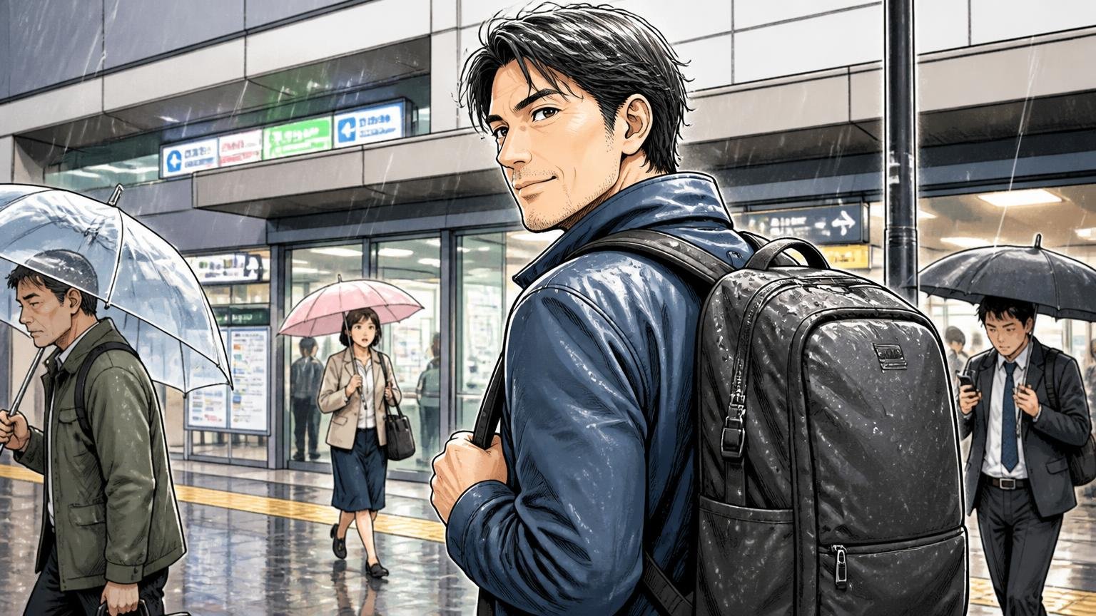 向いている40代、雨の日の駅前を撥水のリュックを背負って颯爽と歩く40代男性の場面