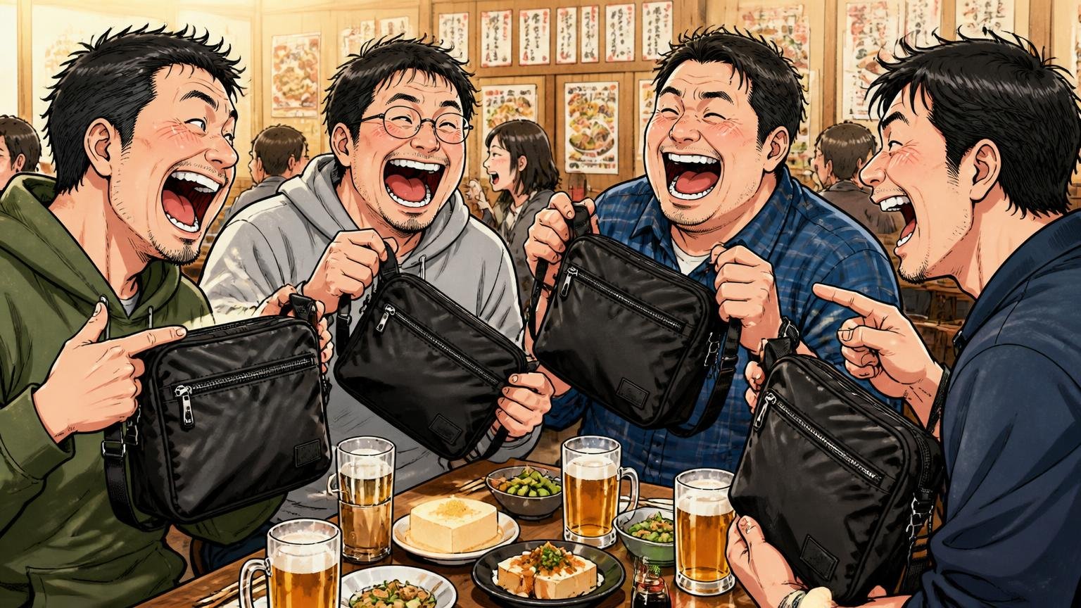 学生時代の記憶と結びつき「若作り」に見える 居酒屋の同窓会で同じ黒いナイロンバッグを持つ40代男性4人が顔を見合わせ大笑いする場面