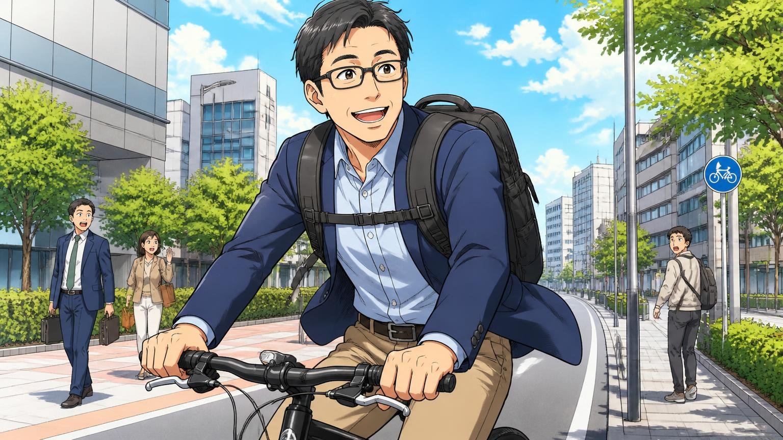 マスターピースが向いている人 オフィスカジュアルで自転車通勤しながらリュックを背負って笑顔の30代から40代の男性1人