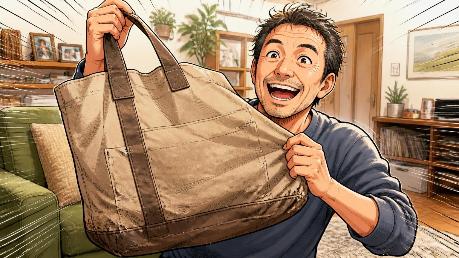 20年以上使えるほど丈夫 自宅のリビングで20年使い込んだトートバッグを広げて誇らしげに笑う40代男性1人
