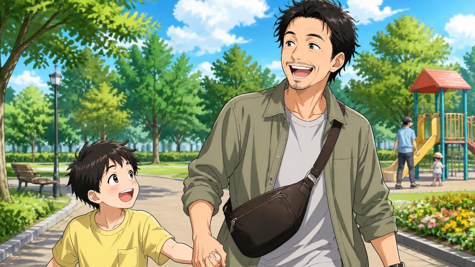 向いている人は休日用とサブバッグ、週末の公園で馬革のショルダーを斜めがけして子どもと歩く40代の父親が笑う場面