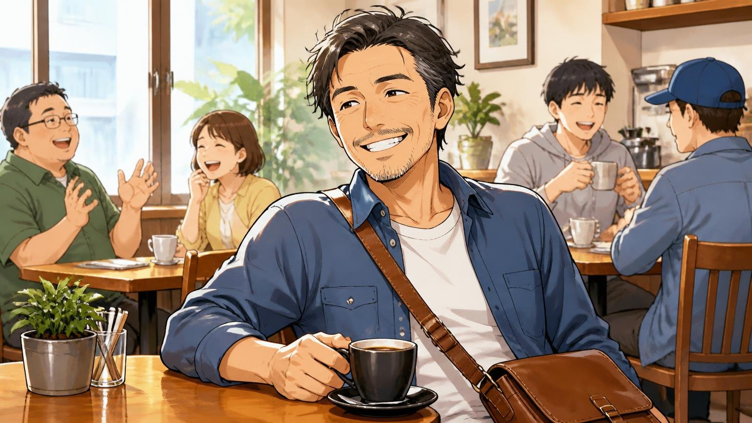 向いている人5つ 休日のカフェで革のショルダーバッグを掛けた40代男性がリラックスして笑う場面