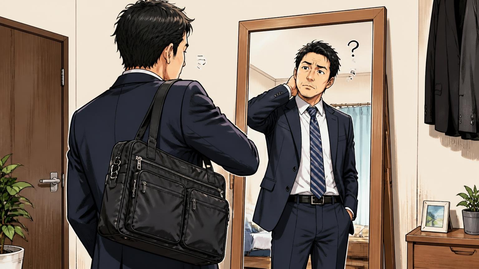 40代でポーターはダサい？答えは「シリーズ」と「合わせ方」。自宅の姿見の前でスーツ姿にナイロンのバッグを合わせ、首をひねる40代男性1人