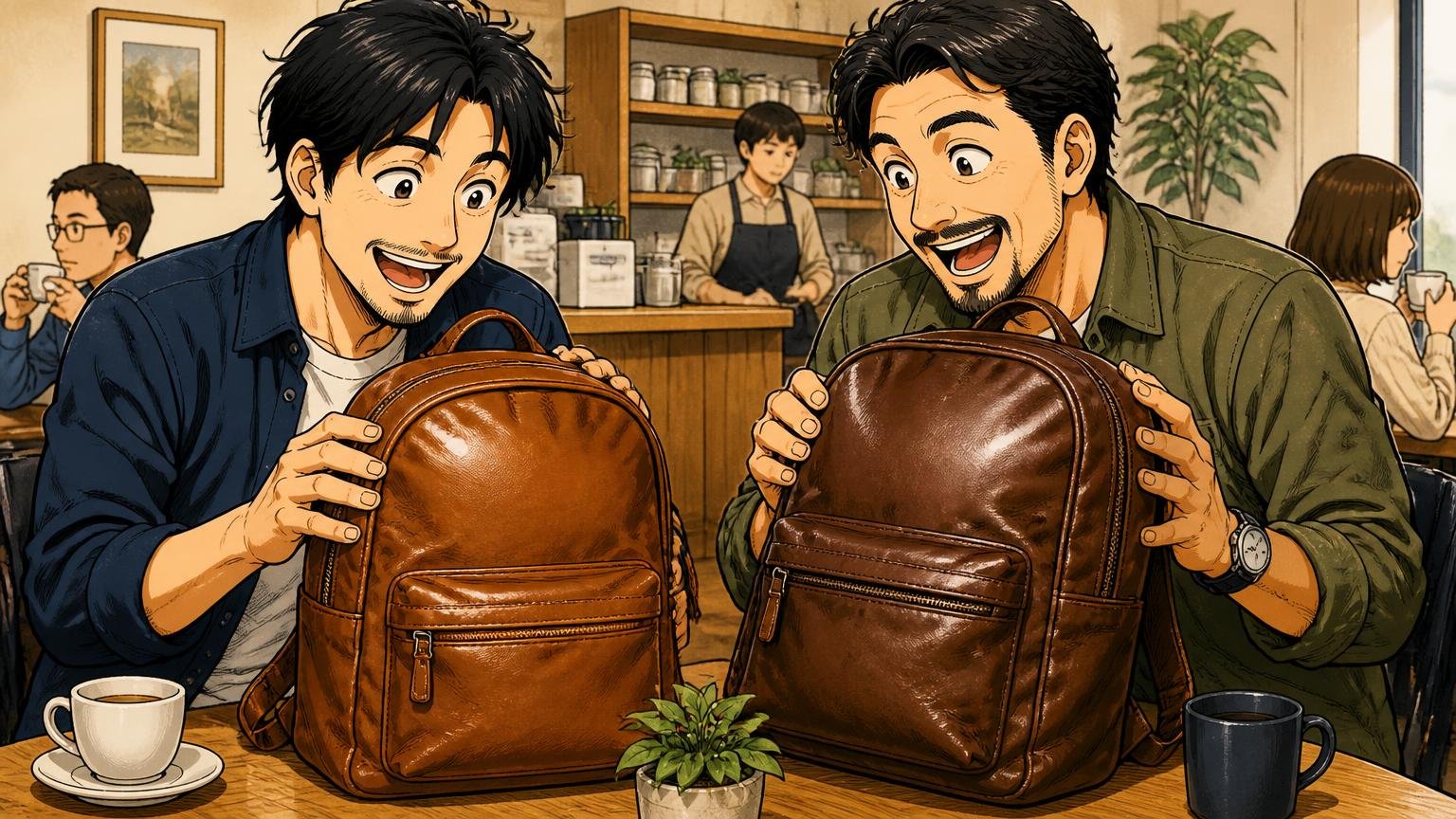 2年・5年使った人の「買ってよかった」という声 カフェのテーブルに使い込んだ革のリュックを置く場面 30代男性と40代男性の2人 革の艶を見せ合って笑う