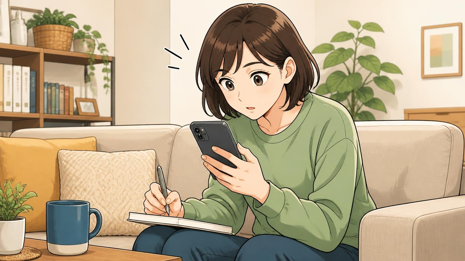 商品ページの「素材」と「取扱い上の注意」を読む、自宅のソファで商品ページを見る30代女性1人がメモを取る場面