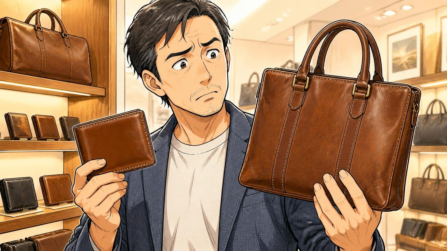 財布の評判をそのままバッグに当てはめない。ショールームの棚で革財布と革バッグを手に取り比べる40代男性1人が首をかしげる場面
