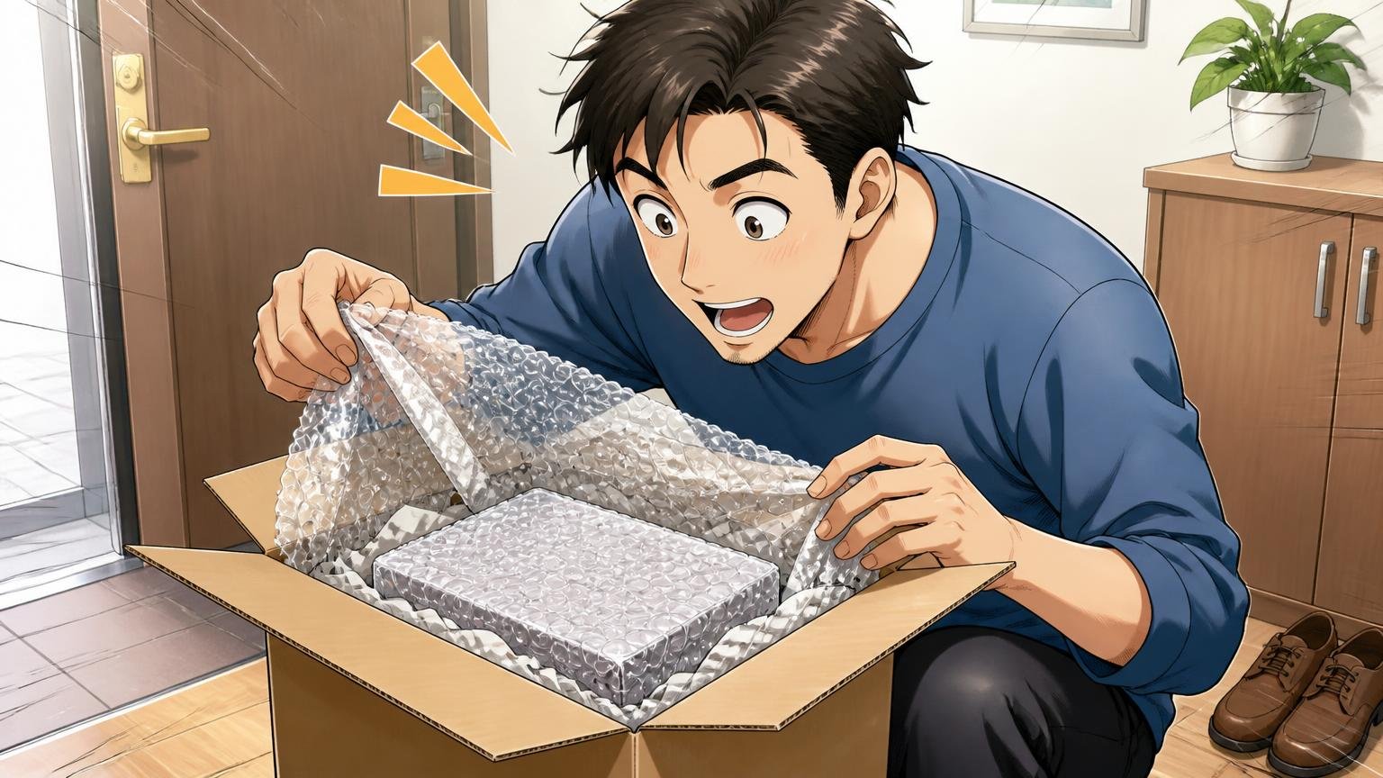 ショップレビューの★5は「発送・梱包」の声が中心、自宅の玄関で届いた段ボールの丁寧な梱包に感心する男性1人