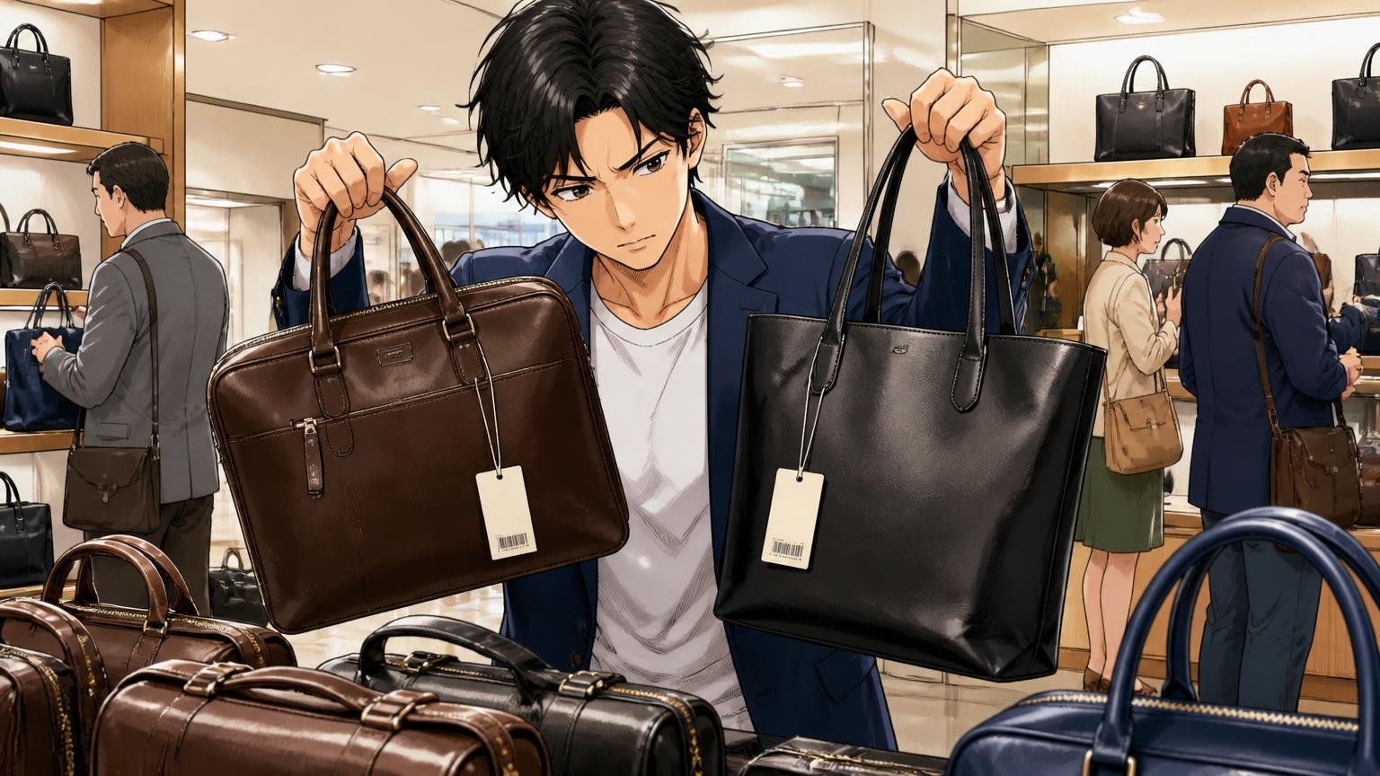 ビジネスバッグは約2万円のブリーフから約7万円のトートまで 百貨店の売り場で値札の違う革のブリーフとトートを手に取り、真剣に見比べる男性客