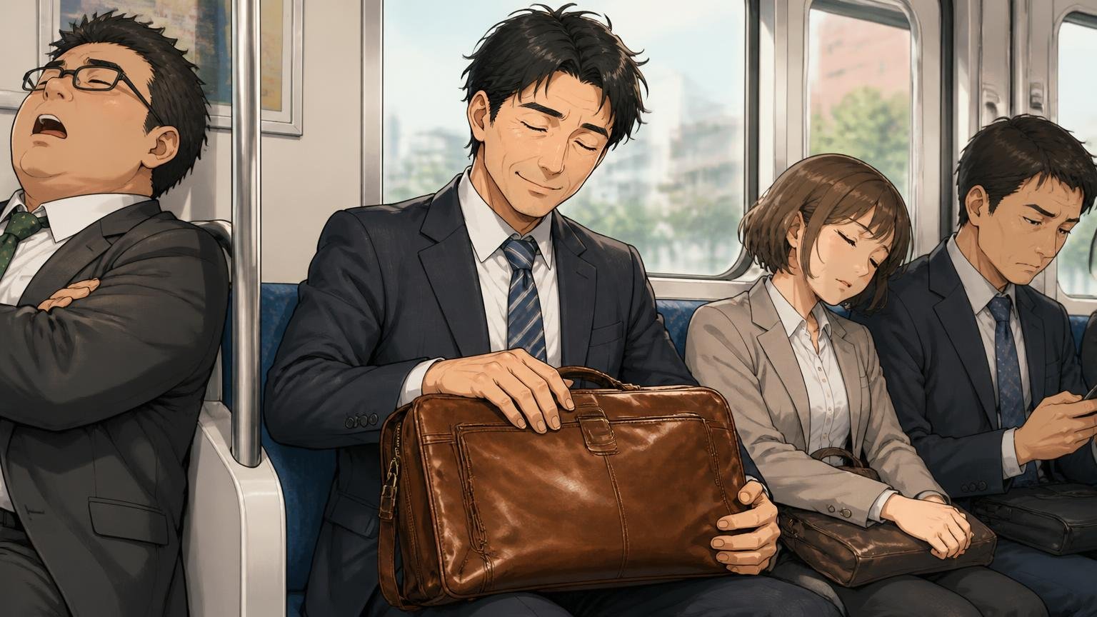 向いている人:道具として長く使い、革の変化も楽しめる人、通勤電車の座席で使い込んだ革バッグを膝に置き満足する男性1人の場面