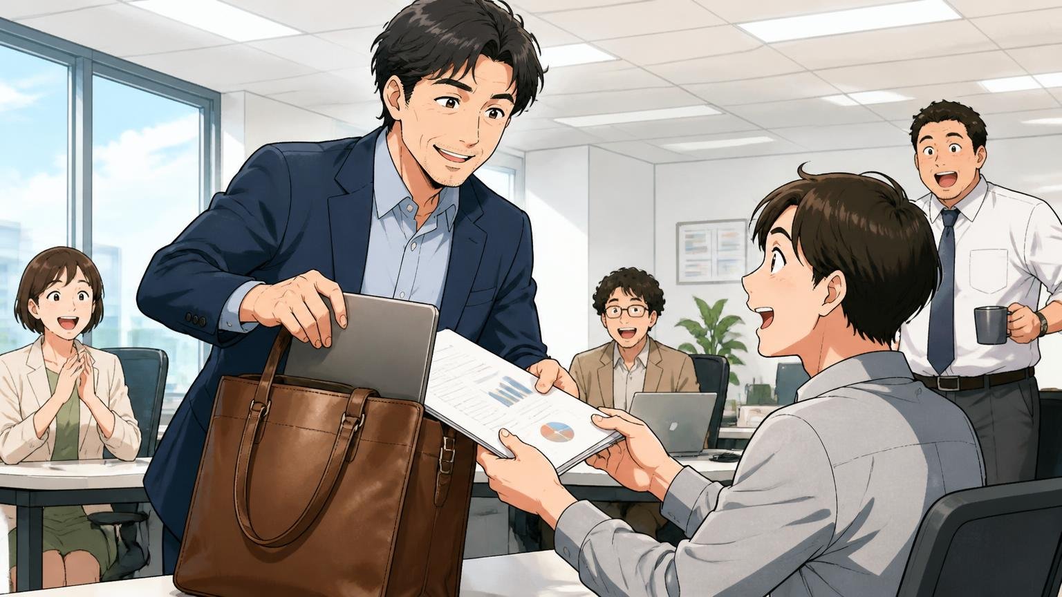 革トートが向いている40代の特徴 明るいオフィスで革トートから書類とPCをさっと取り出す男性 1人 同僚に笑顔で手渡す