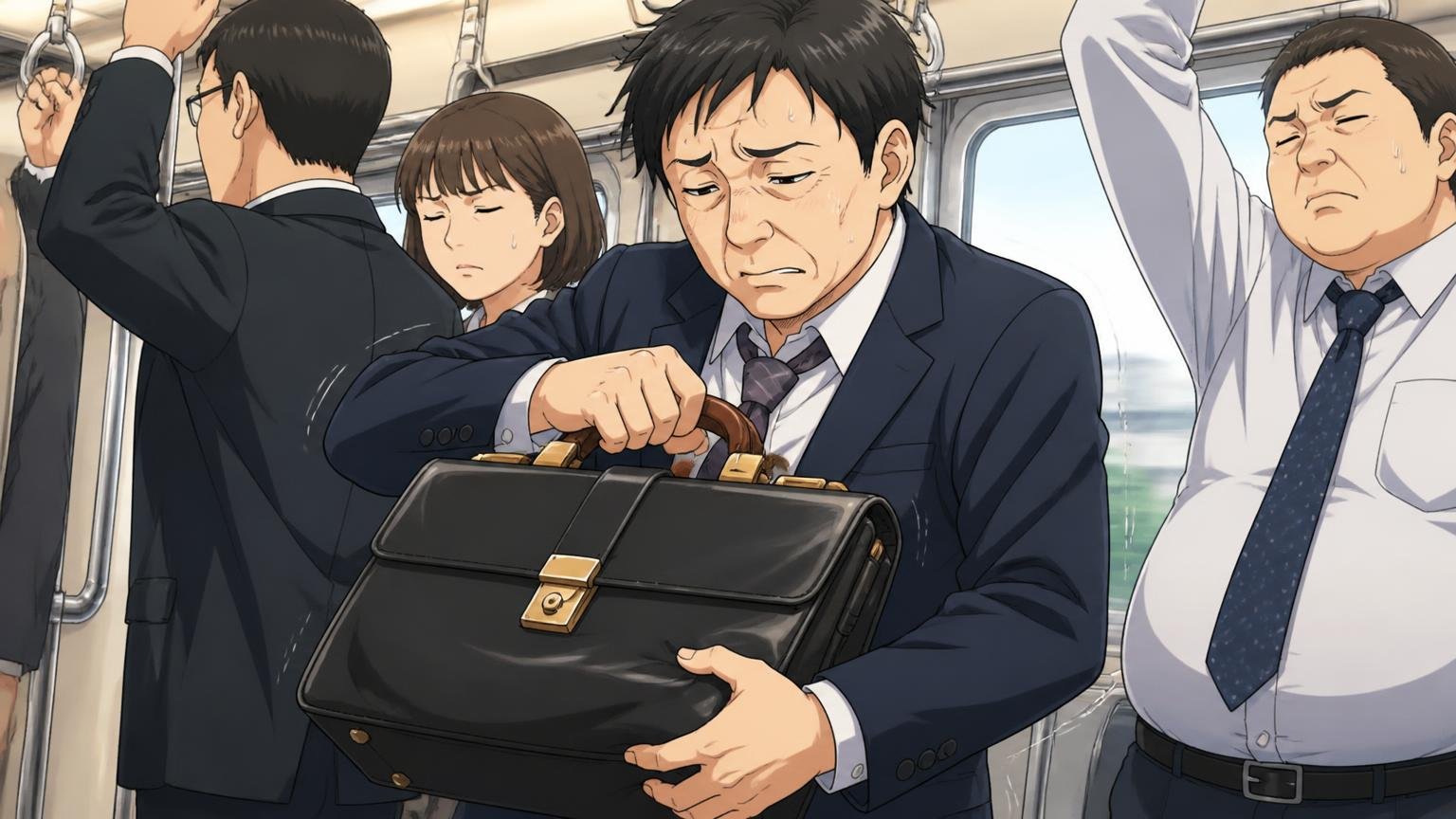 「重い」という声はダレスバッグなど口枠式に集中している 朝の通勤電車で重いダレスバッグを持ち替える40代男性1人 疲れた表情