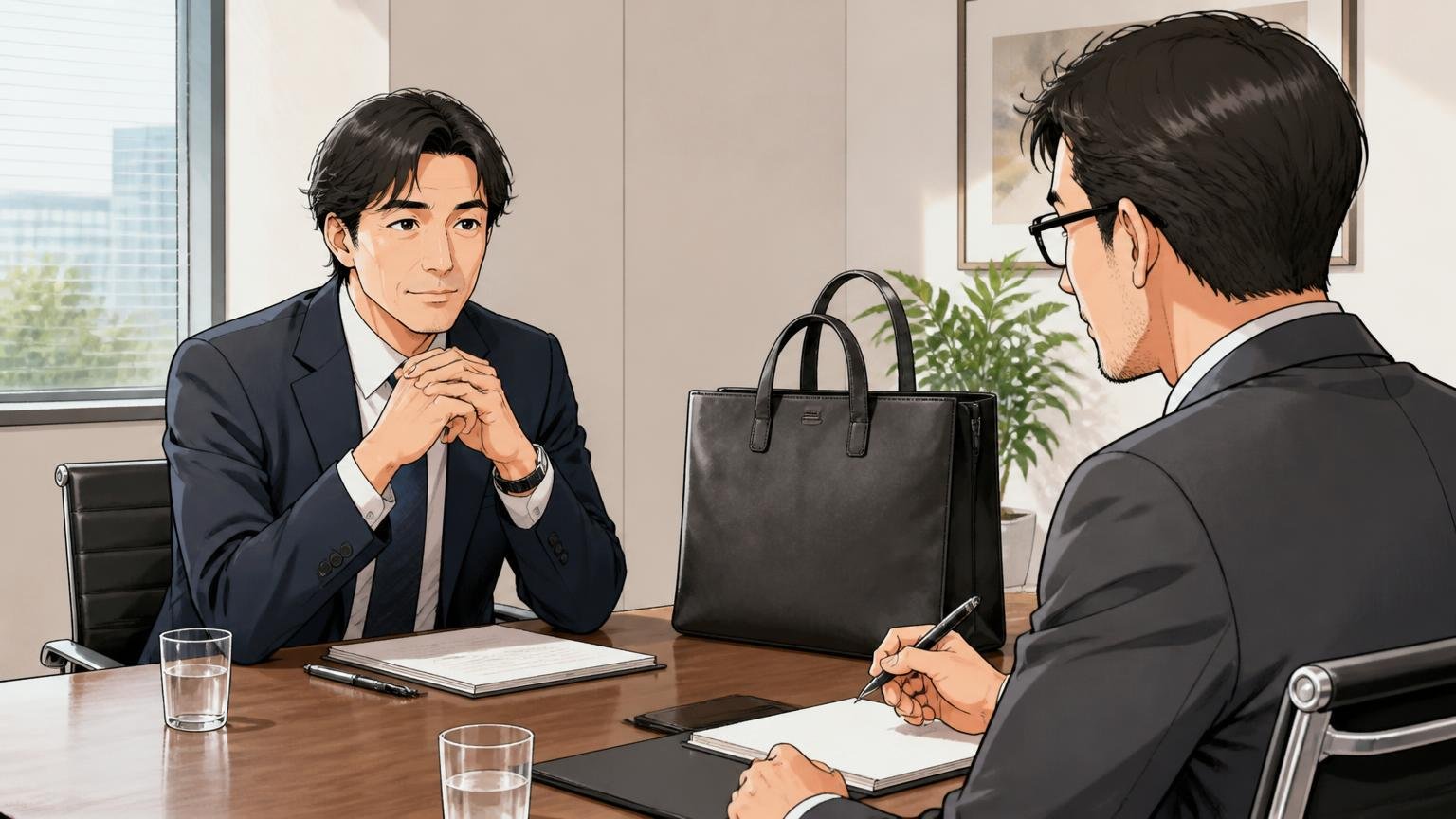 向いている人|ロゴより素材と軽さ、ミニマルさで選びたい40代 取引先の会議室でロゴのない革トートを机に置き、落ち着いて商談する40代男性2人