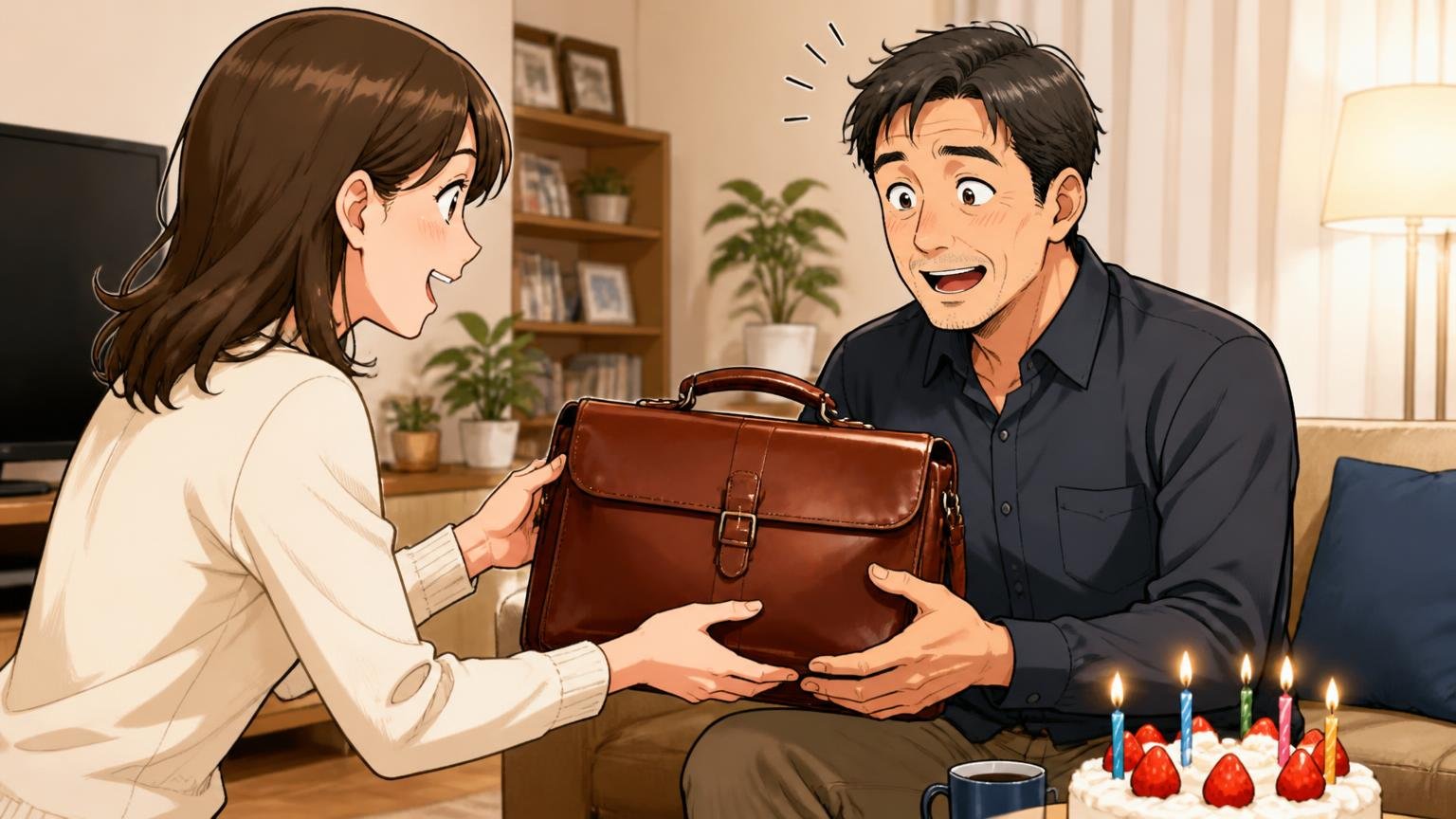 「お値段以上」「悪目立ちしない」40代後半の夫にも馴染んだ 誕生日の夜のリビングでプレゼントの革バッグを夫に手渡す妻と40代男性の2人
