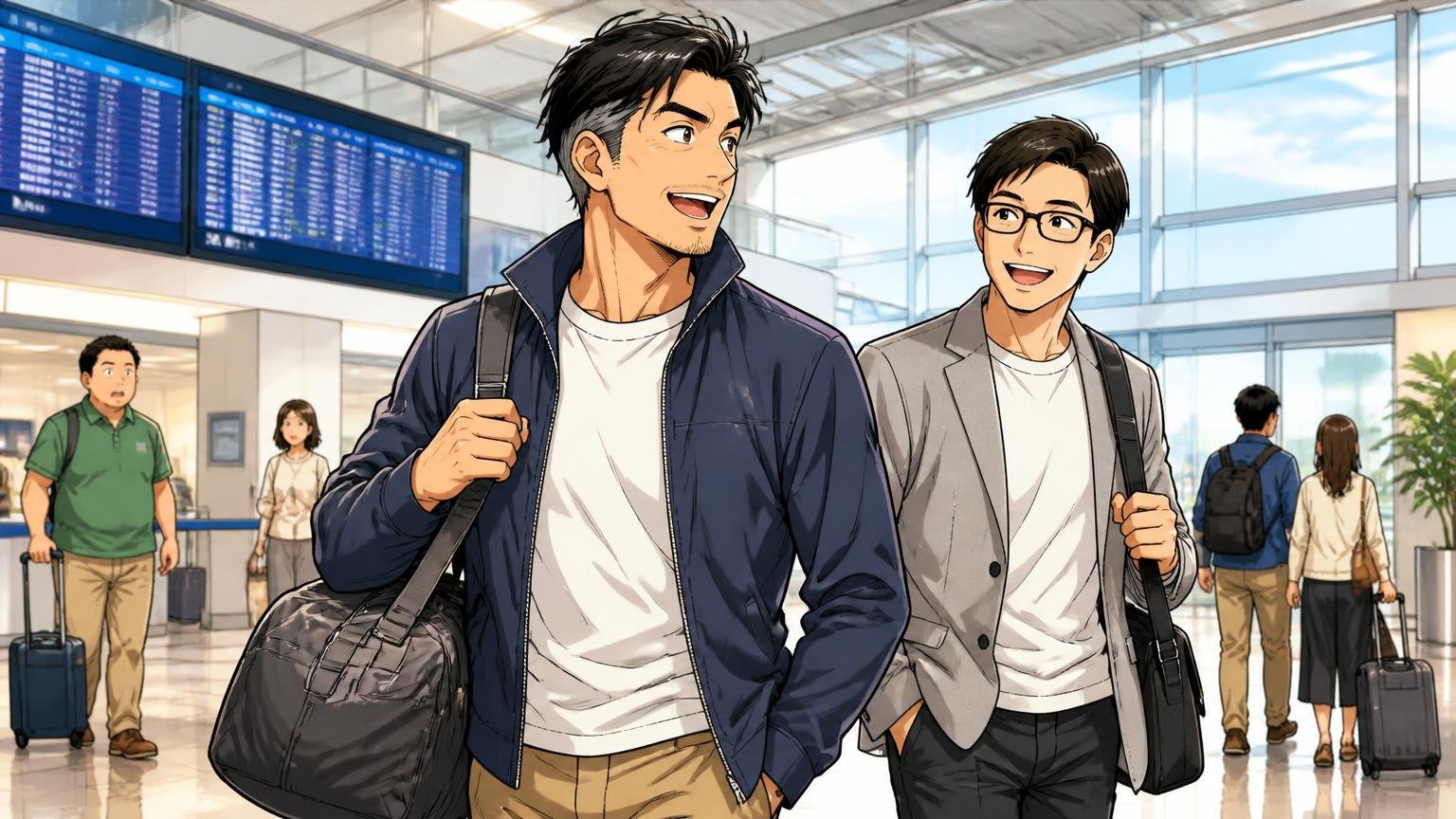 向いている人は軽さとタフさと機能性を最優先したい人。空港の出発ロビーでナイロンバッグを肩にかけ、軽やかに歩き出す40代男性と同僚の2人