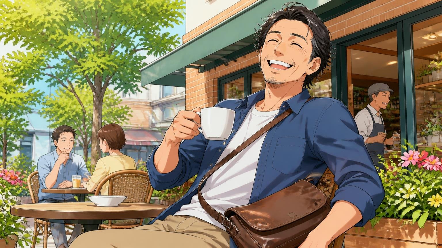 向いている人:休日に手頃な本革・帆布バッグを楽しみたい人 休日のカフェのテラス席で馬革のショルダーを肩にかける場面 40代男性1人が満面の笑みでくつろぐ