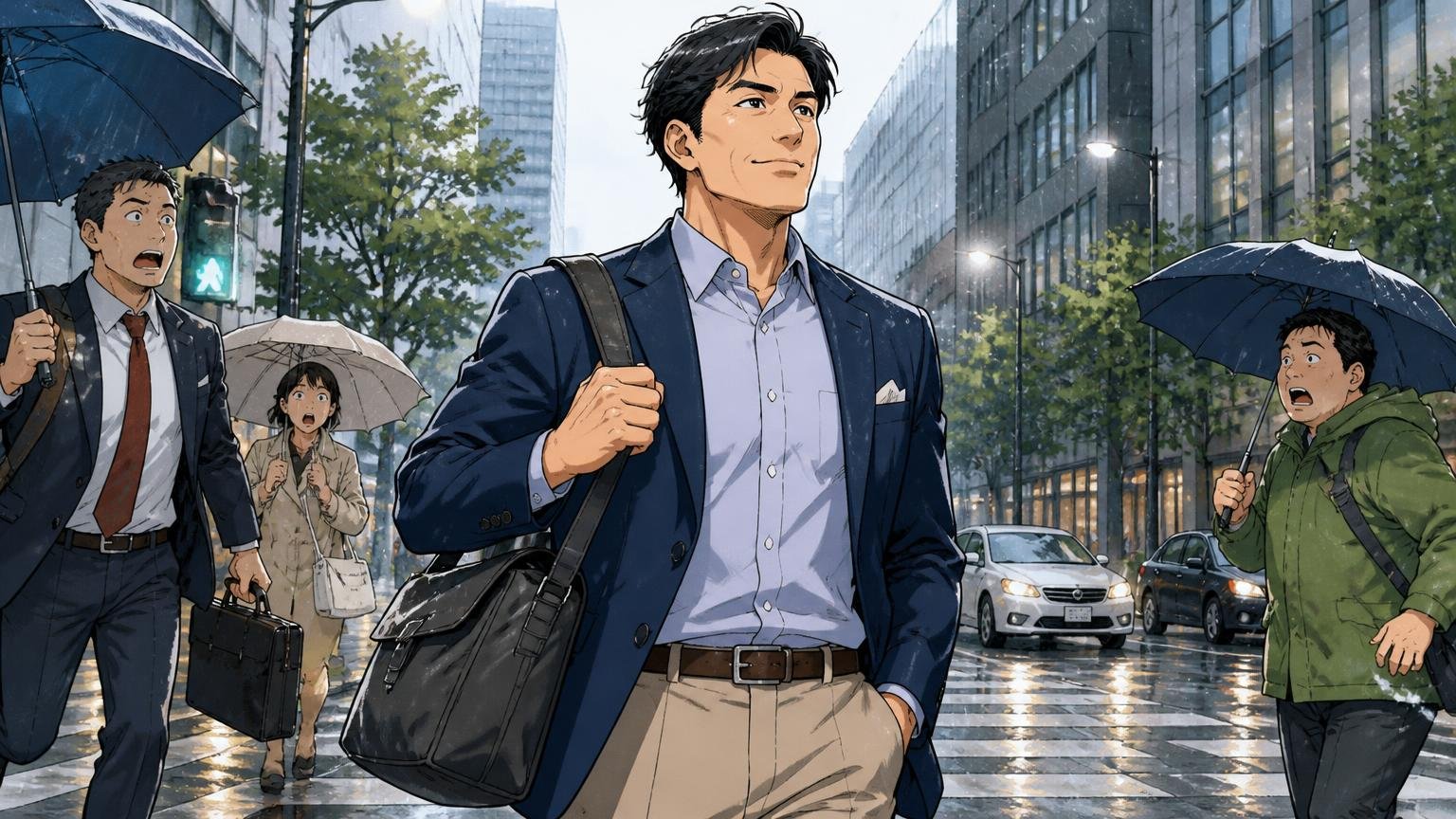 向いている人 雨の日の街角でナイロンのショルダーバッグを肩に掛けて颯爽と歩く場面 ジャケパン姿の40代男性1人が自信満々に胸を張る