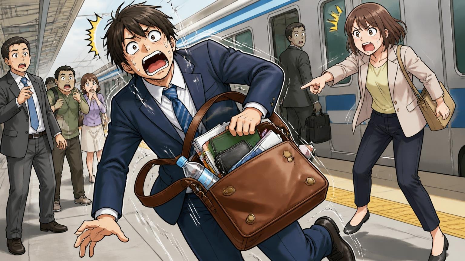前ポケットの入れすぎと重心の偏りで倒れる、通勤電車のホームで前ポケットがぱんぱんの革のバッグを持つ20代の男性と、指をさして注意する30代の女性の2人