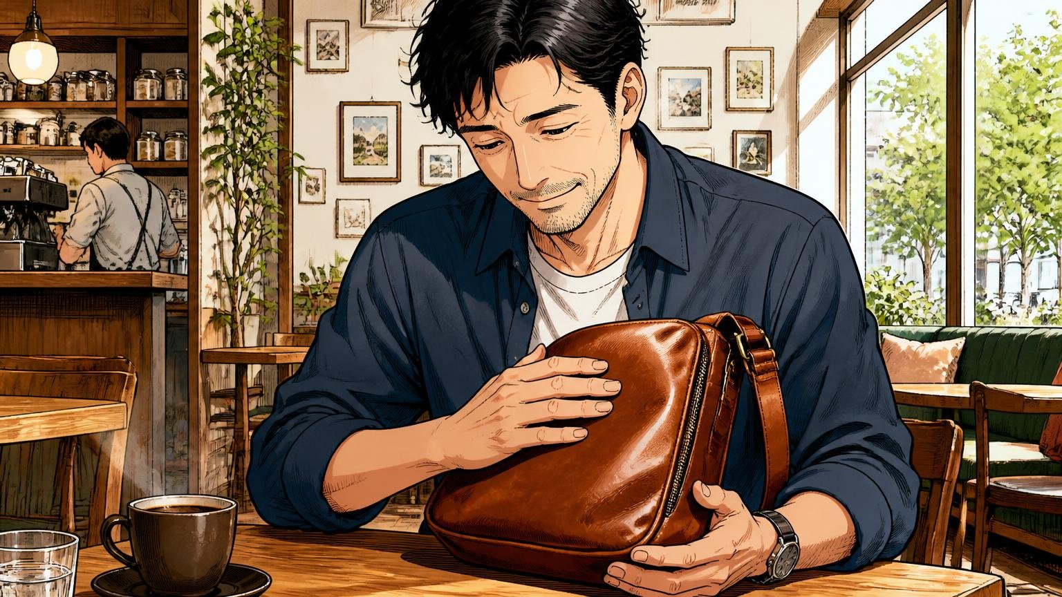 向いている人|革を育てる時間ごと楽しめて、10年単位で付き合いたい40代、休日のカフェで飴色に育った革のショルダーバッグを撫でて微笑む40代男性1人の場面
