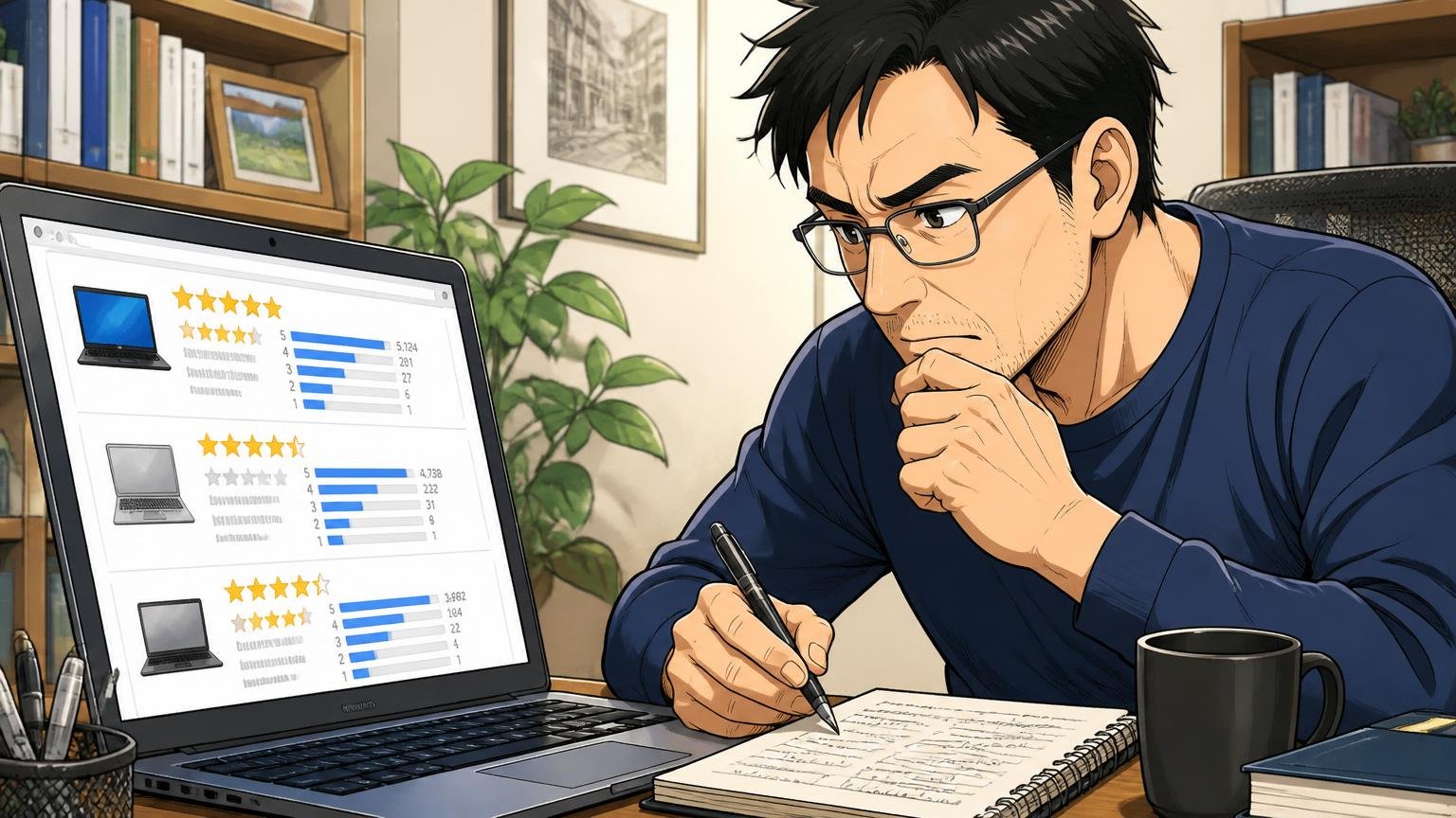 公式レビュー「★4以上が99%超」の数字をどう読むか 自宅の書斎でノートパソコンのレビュー画面を見比べる40代男性1人が真剣な表情でメモを取る場面