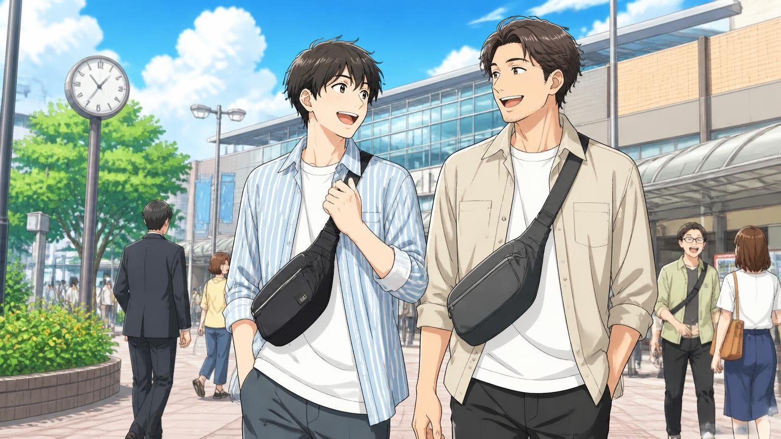 向いている人｜軽さと手頃さ、きれいめカジュアルを優先したい人　休日の駅前で軽いショルダーを斜め掛けした20代男性1人と30代男性1人が楽しそうに歩く場面