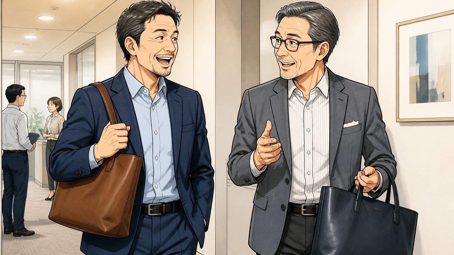 年齢層の評判は「30代以上」「40〜50代が一番似合う」という声が多い、オフィスの廊下で革トートを手に談笑する40代と50代の男性2人