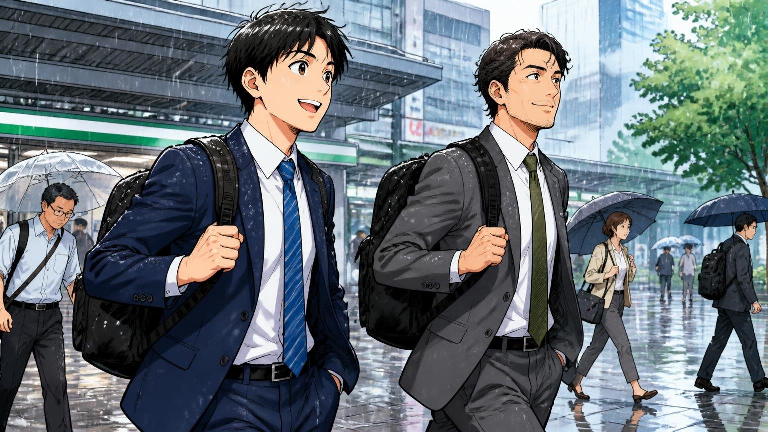向いている人：3万円前後で、軽さと雨への強さを優先したい人 雨の駅前で鞄を気にせず颯爽と歩く20代と30代の会社員2人