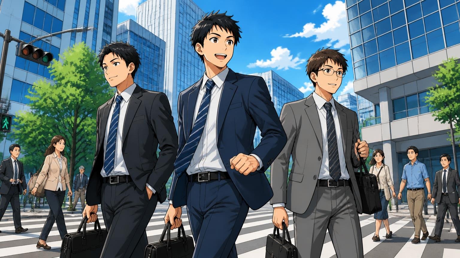 中心は20〜30代の男性会社員と、若手の営業職 朝のオフィス街の横断歩道でナイロンのビジネスバッグを持った若手会社員3人が颯爽と歩く場面