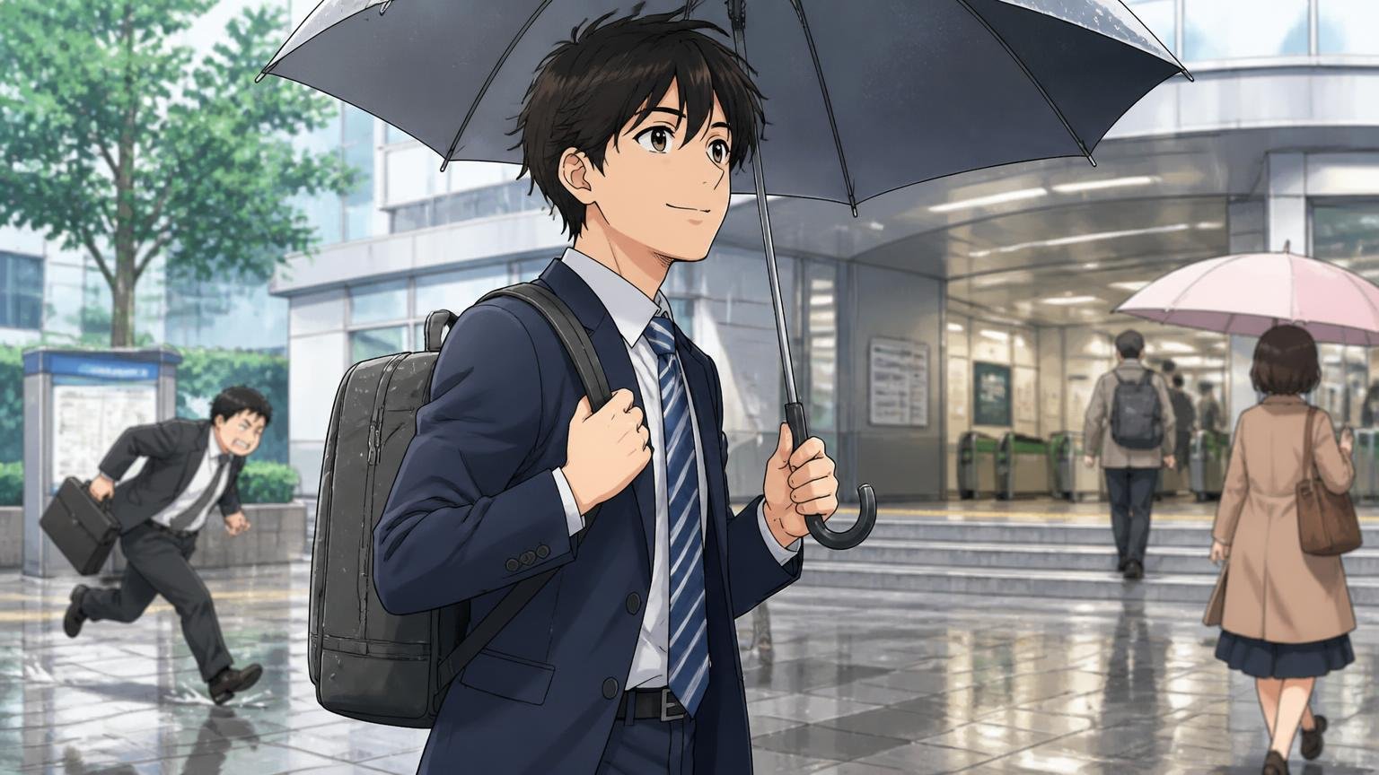 軽さと撥水を最優先にしたい通勤・出張の人、雨の朝の駅前でリュックを背負い傘を差して軽やかに歩く男性1人の場面