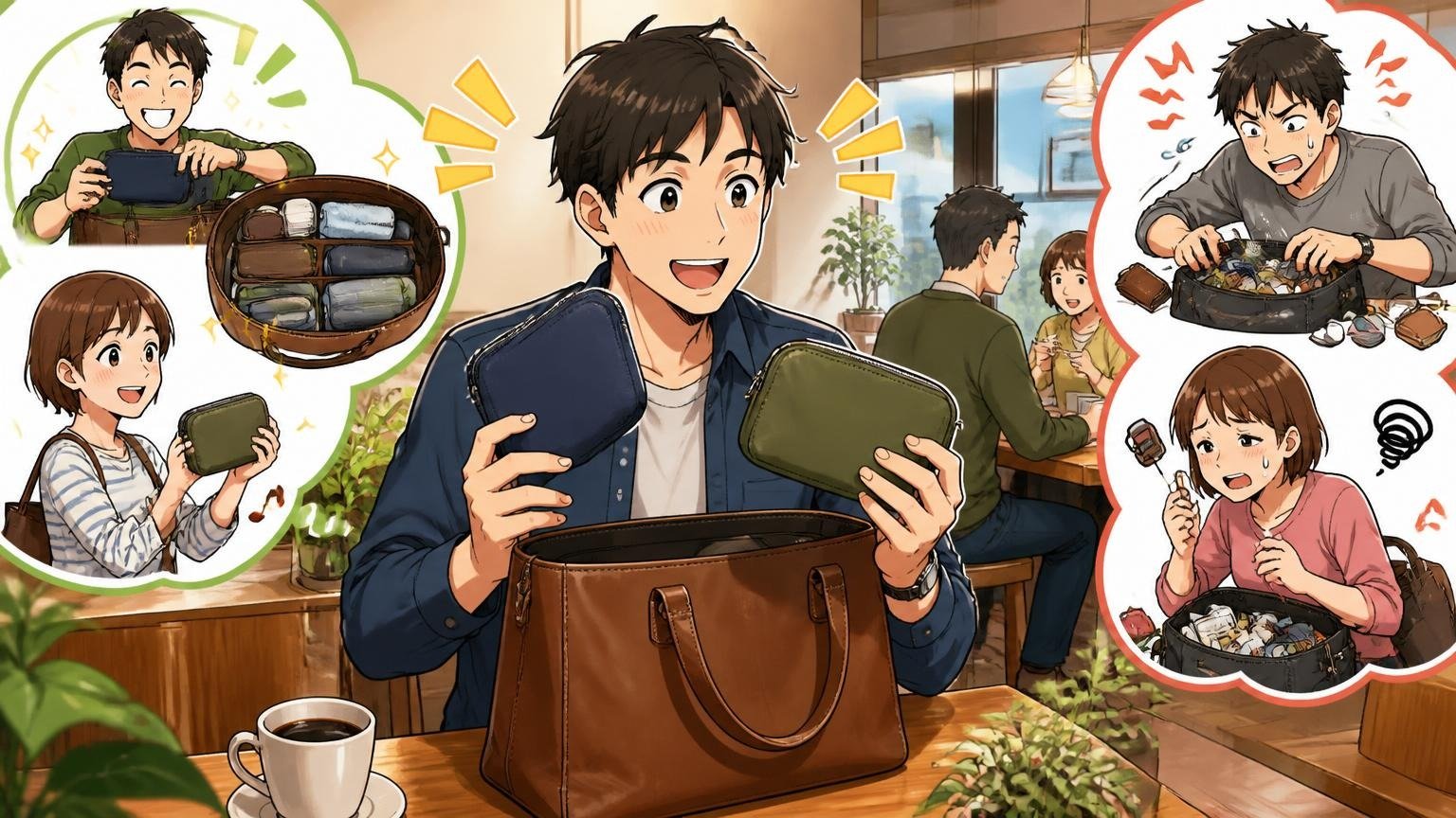 ポーチでの小分けが向いている人・向いていない人、カフェの席で男性が色違いのポーチを革トートから取り出し満足げな場面