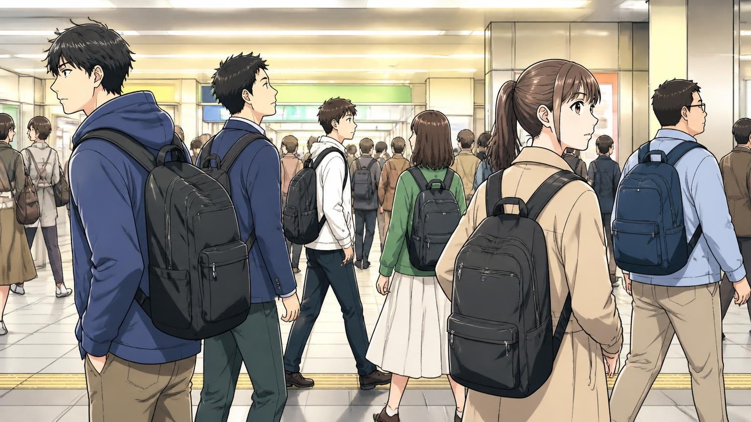年齢層は「大学生〜30代」が中心、40代以上の愛用者もいる、朝の駅のコンコースで20代から40代の男女がそれぞれリュックを背負って行き交う場面