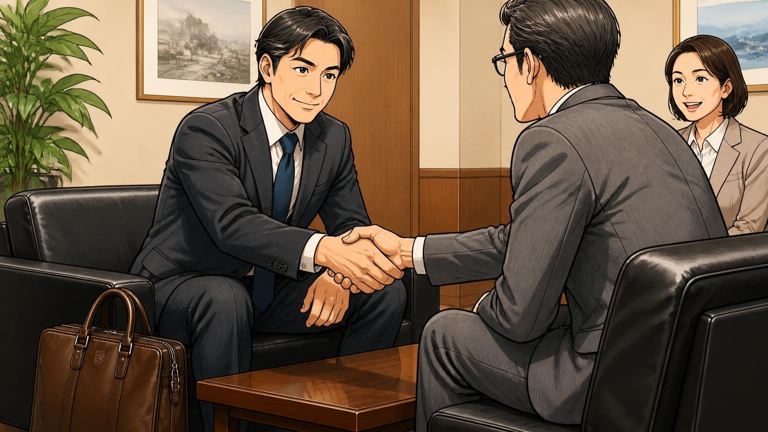 革の質感で「落ち着き」と「信頼感」を出したい人 商談先の応接室で40代男性が革のビジネスバッグを足元に置き取引先と握手する場面