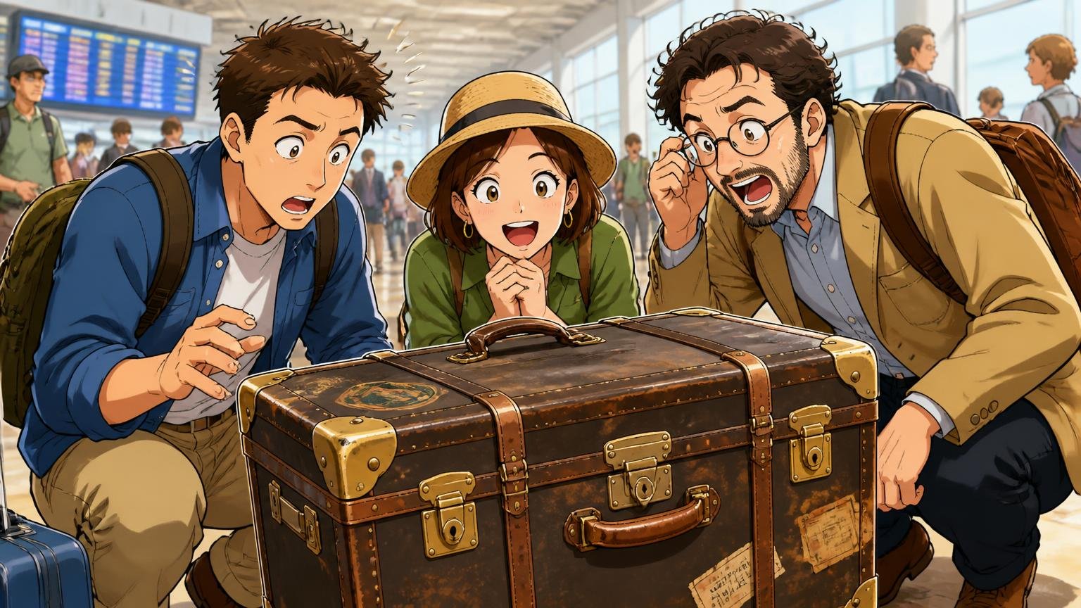 ブランドの土台｜100年以上続く旅行かばんの老舗 空港の出発ロビーで年季の入ったトランクを囲み感心する男女3人の場面