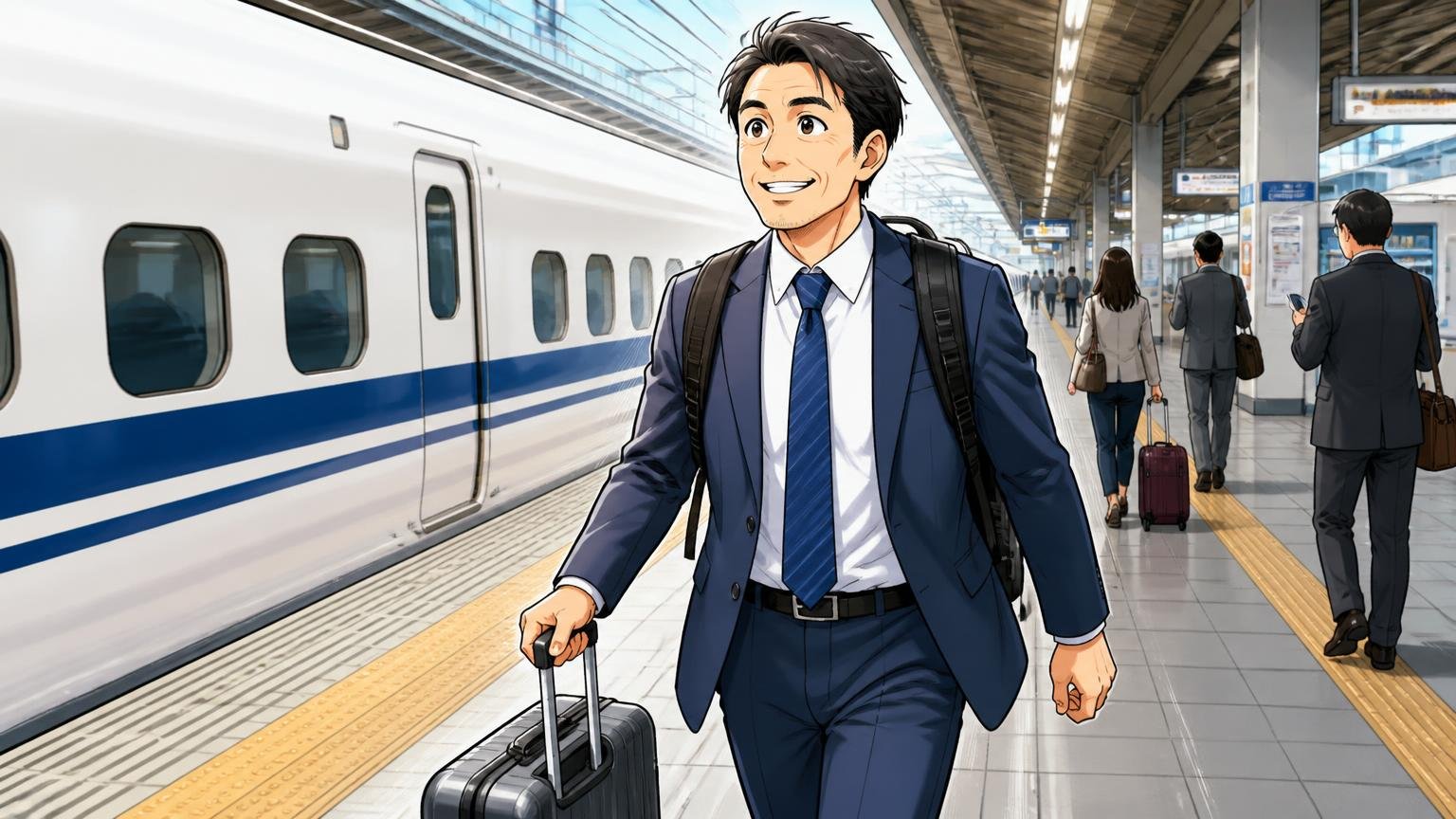 向いている人:軽さ・収納・出張を優先し、数年での買い替えに納得できる人新幹線のホームでリュックを背負いスーツケースを引く40代男性1人が笑顔で歩く場面