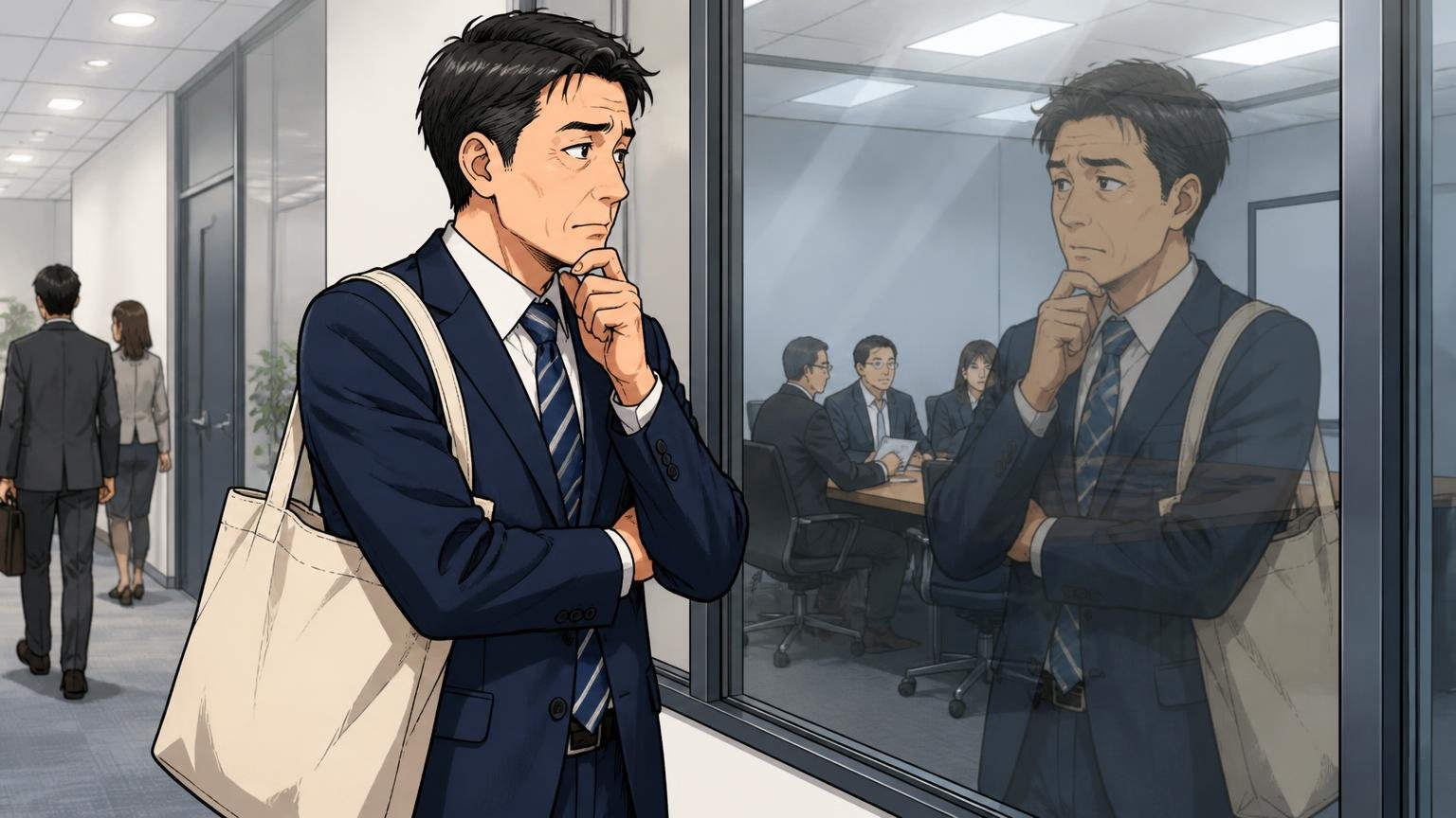 「ダサい」の正体はブランドではなく"場面とのズレ" 取引先の会議室の前でスーツ姿の自分とトートを窓に映して見直す40代男性1人