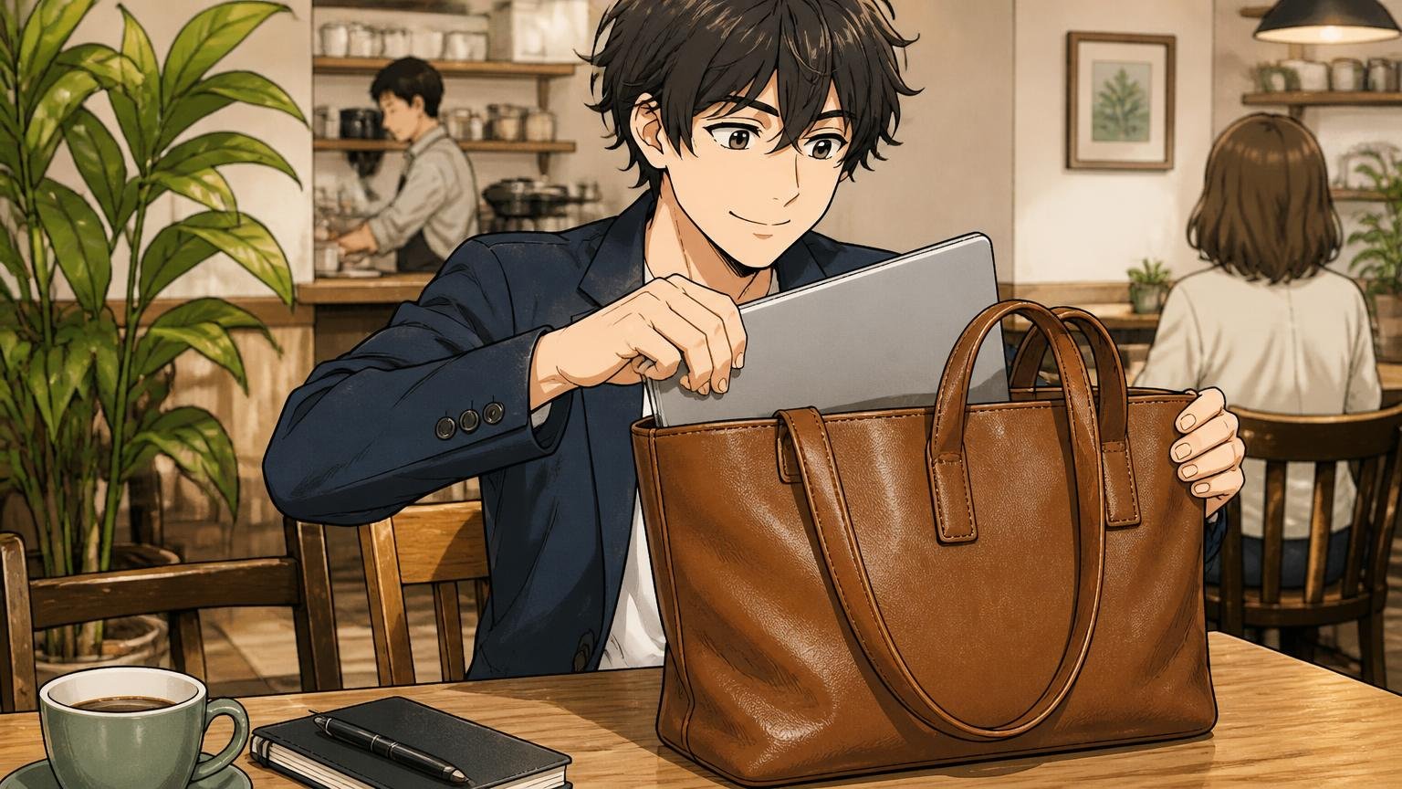 向いている人｜2万円台で本革トートを試したい・シンプル派 カフェの席でノートPCを革トートにしまいながら満足げに笑う男性1人の場面