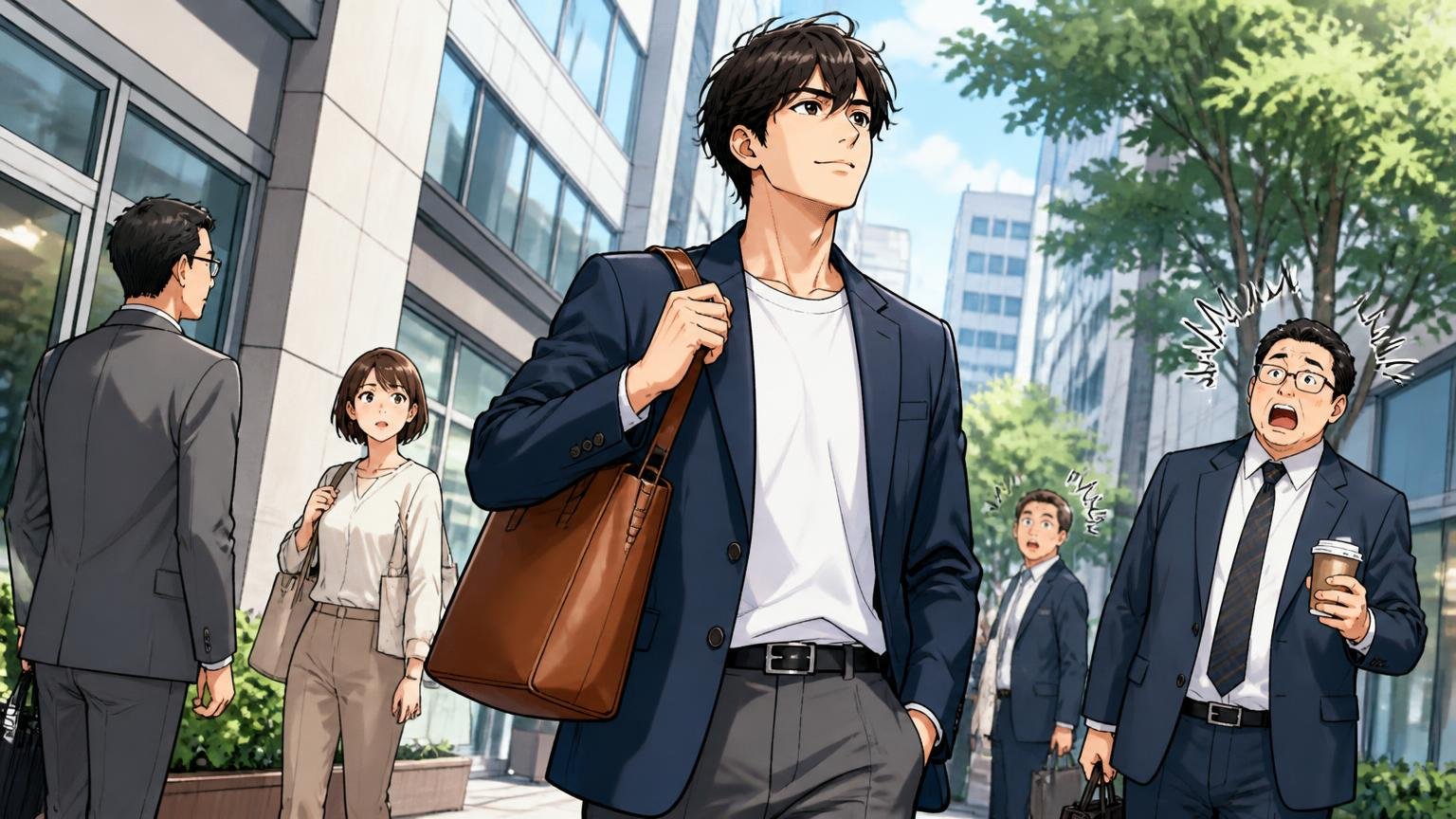 向いている人：20代後半〜30代の「本革デビュー」とオンオフ兼用 オフィス街の歩道で新しい革バッグを持って歩く場面 20代男性1人が胸を張る