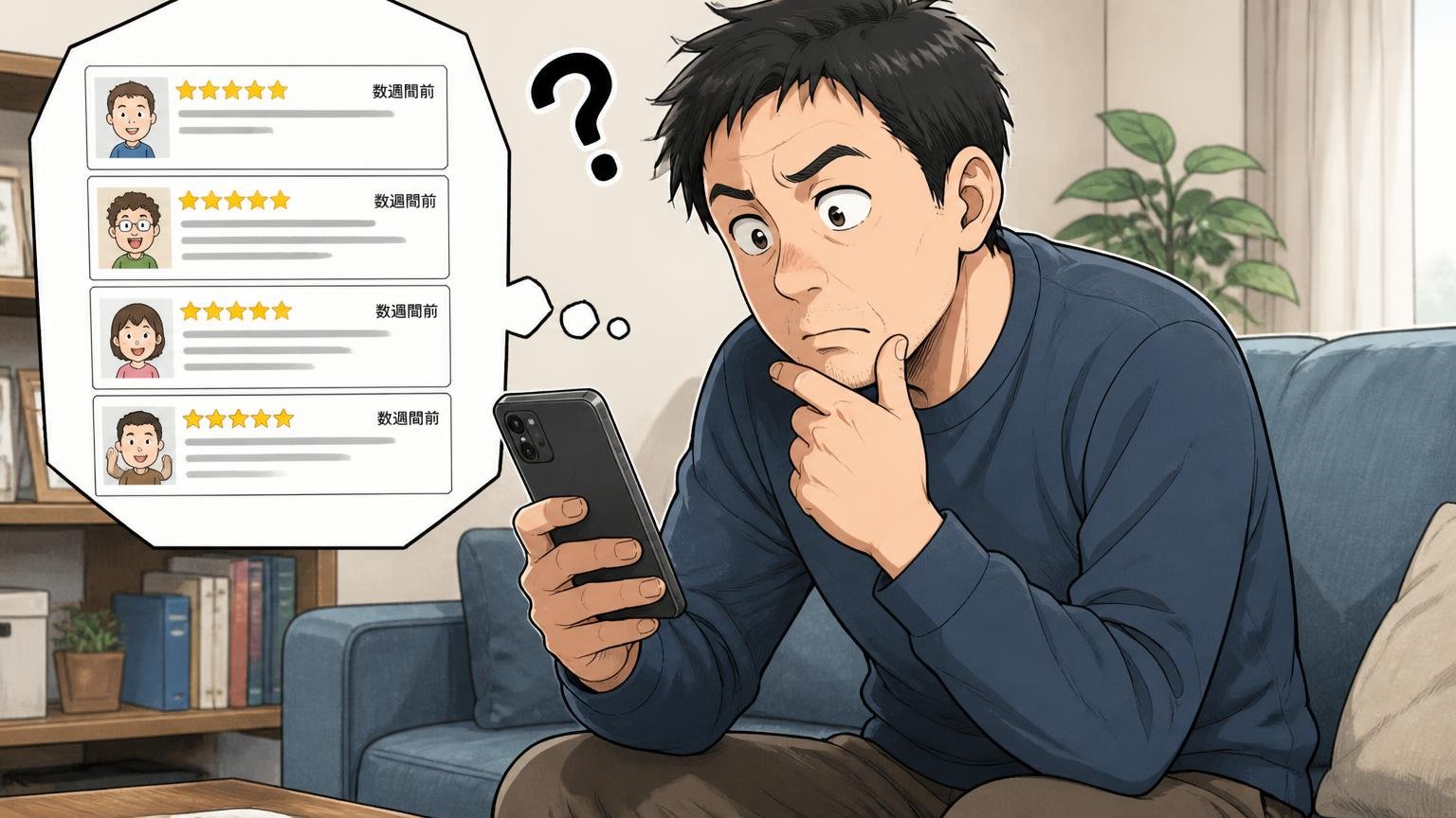 口コミの多くは「届いて数週間」の声｜何年もつかは書かれていない 自宅のソファでスマホのレビュー画面を見つめ、首をかしげる40代男性1人