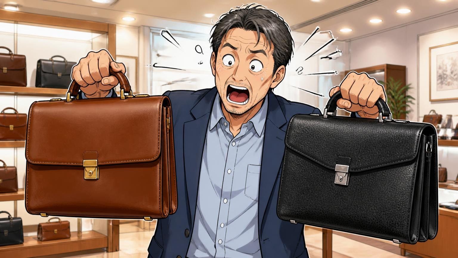 重さはモデルで別物。ショールームで2つの革のブリーフケースを両手に持ち比べ、驚く40代男性1人