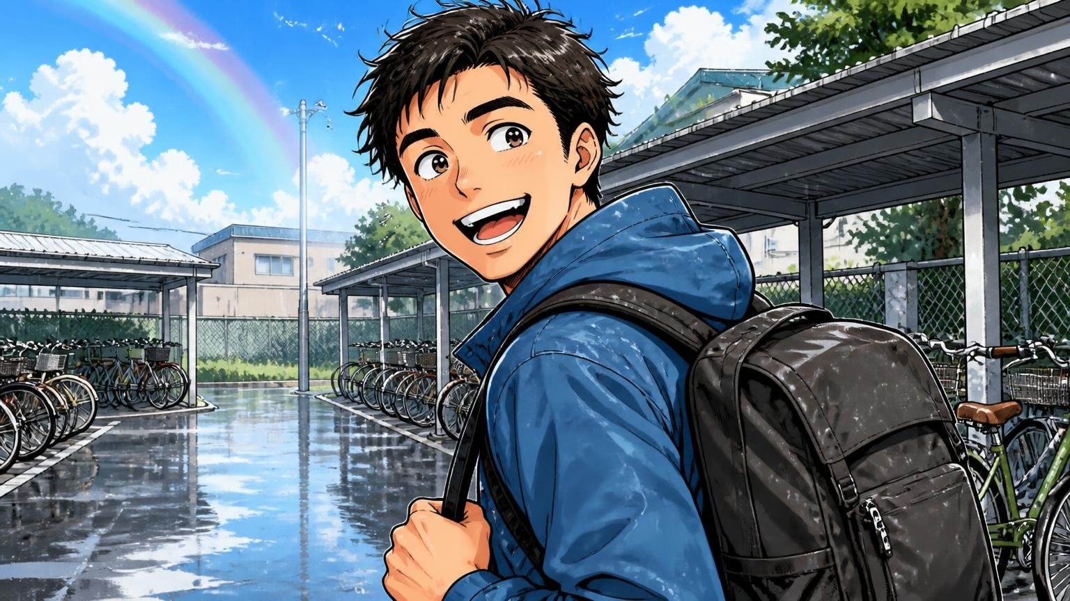 向いている人：軽さ・収納・雨の日の気楽さを優先したい人、雨上がりの自転車置き場でリュックを背負った30代男性1人が晴れやかに笑う場面