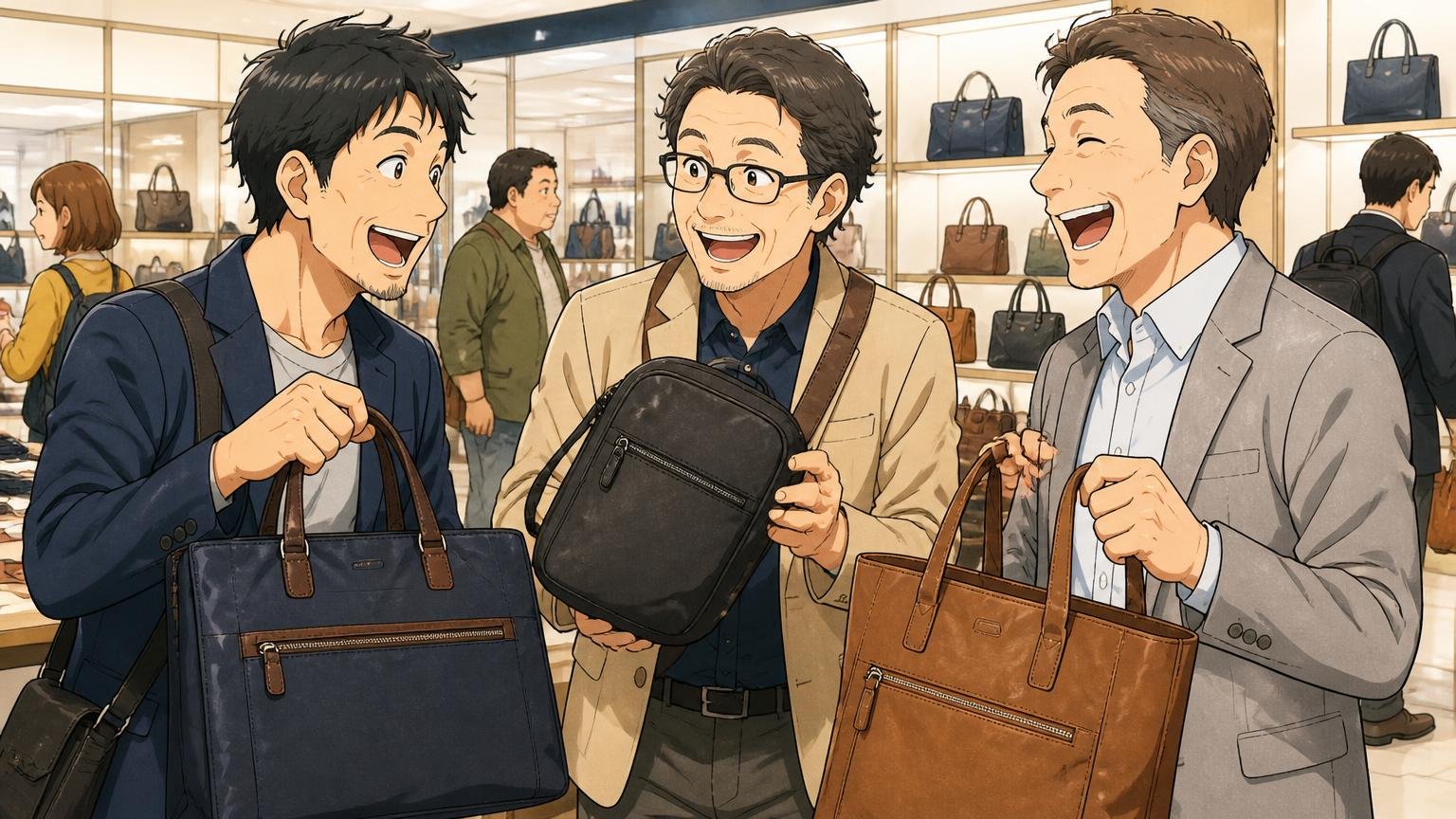 年齢層は30〜50代｜楽天レビュー75件では40代が最多、百貨店のバッグ売り場で30代と40代と50代の男性3人がそれぞれバッグを手に取り笑い合う場面