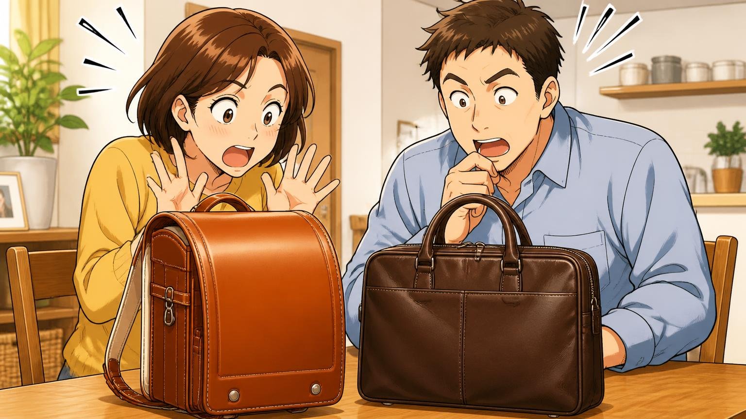 土屋鞄の評判で出てくる口コミの多くはランドセルの声 自宅のダイニングでランドセルと革のビジネスバッグを並べて見比べる夫婦2人が驚く場面