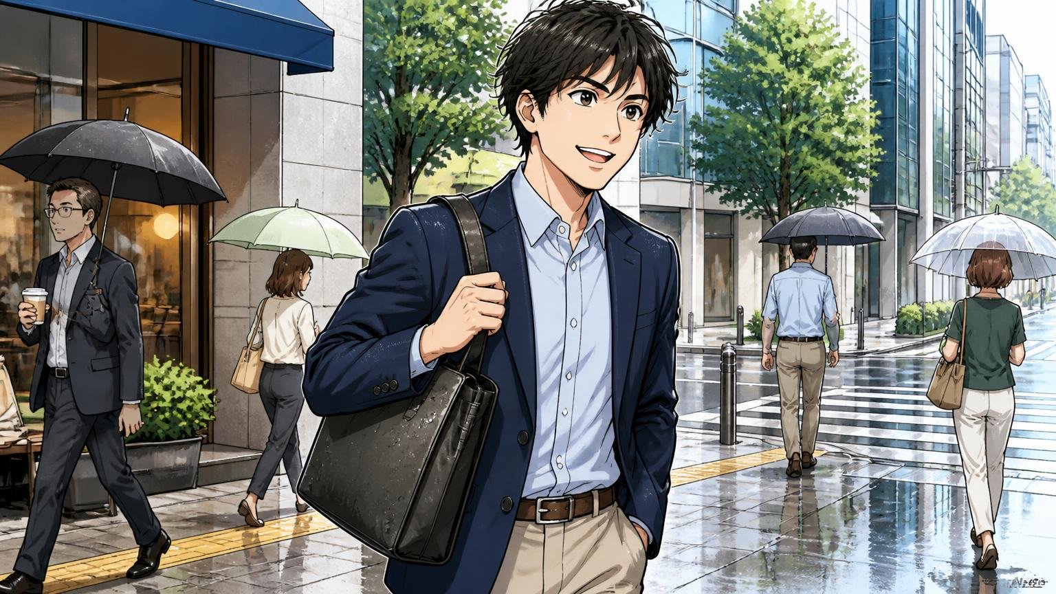 向いている人｜軽さ・丈夫さ・撥水を優先し、ビジネスカジュアルで働く人 小雨の街角でジャケパン姿のままバッグを肩にかけ笑顔で歩く男性1人