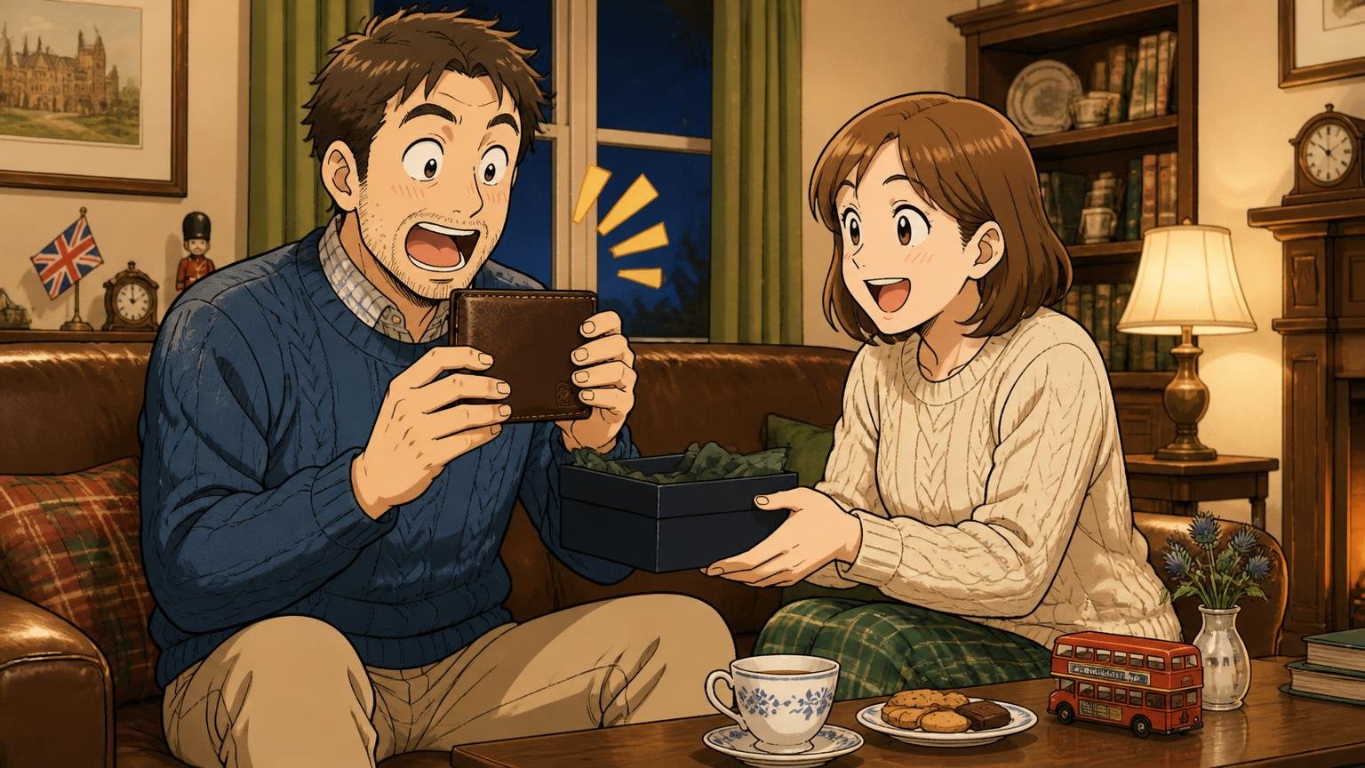 向いている人、英国の伝統を小物で味わいたい人と贈り物を探す人、夜のリビングで妻が夫に革の財布を贈り夫が驚いて喜ぶ場面