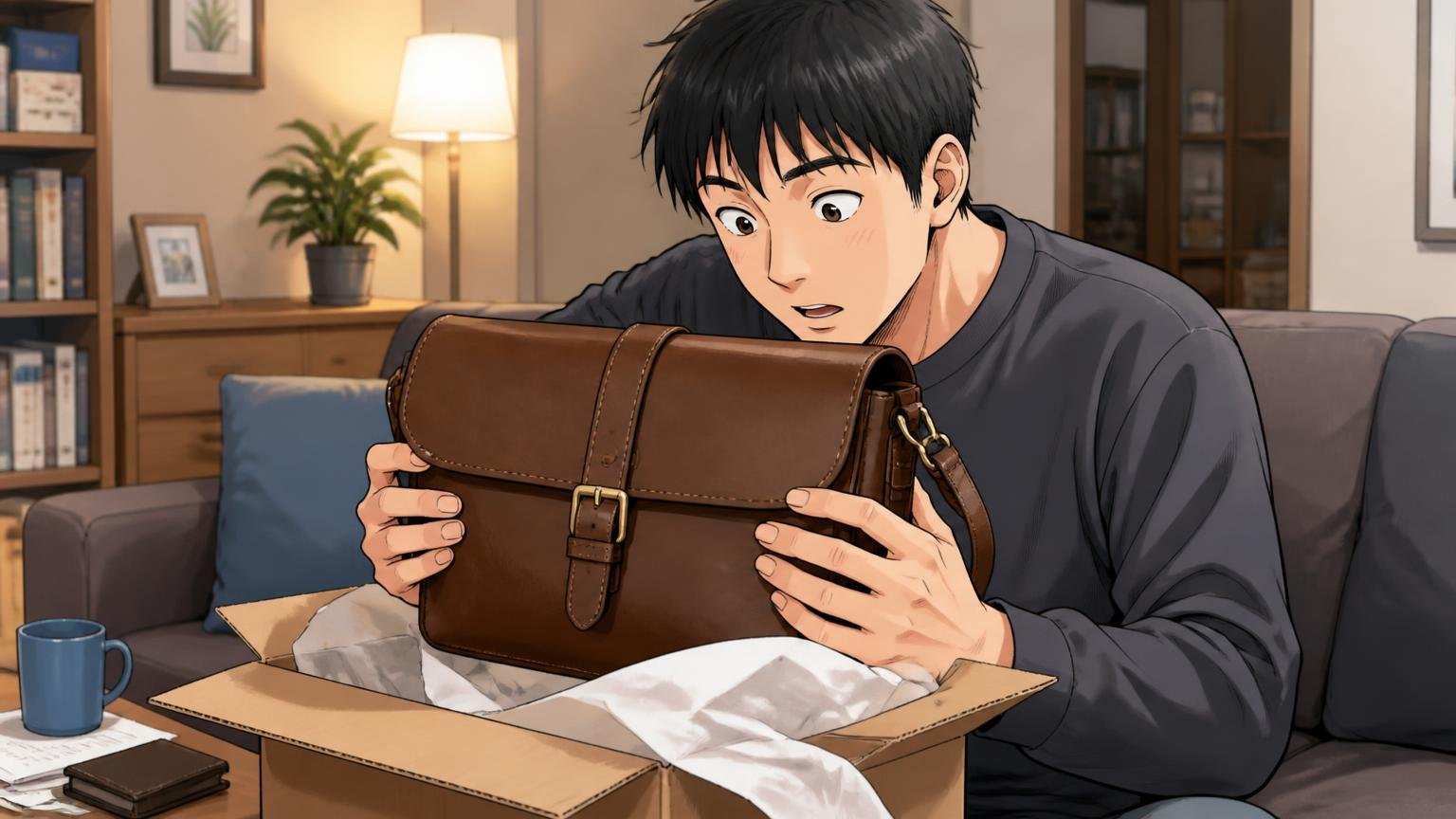 購入直後の声が語るのは「色・サイズ・手触り」。夜のリビングで届いたばかりの革バッグの箱を開けて色を確かめる30代男性1人
