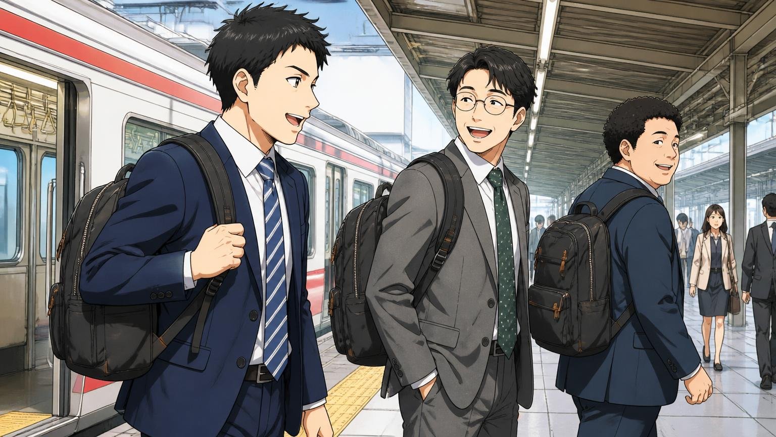 主力は「ナイロン×革パーツ」の軽量・機能派 駅のホームで軽いビジネスリュックを背負う会社員3人が軽快に歩く場面