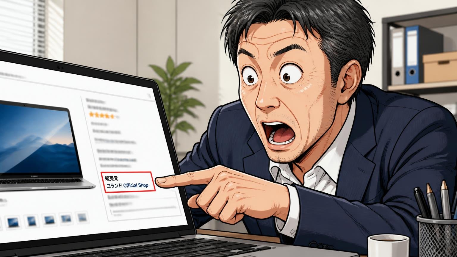Amazonには運営会社コランドの「Official Shop」が出品している オフィスのデスクでPCの販売元欄を指さし目を見開く40代男性1人