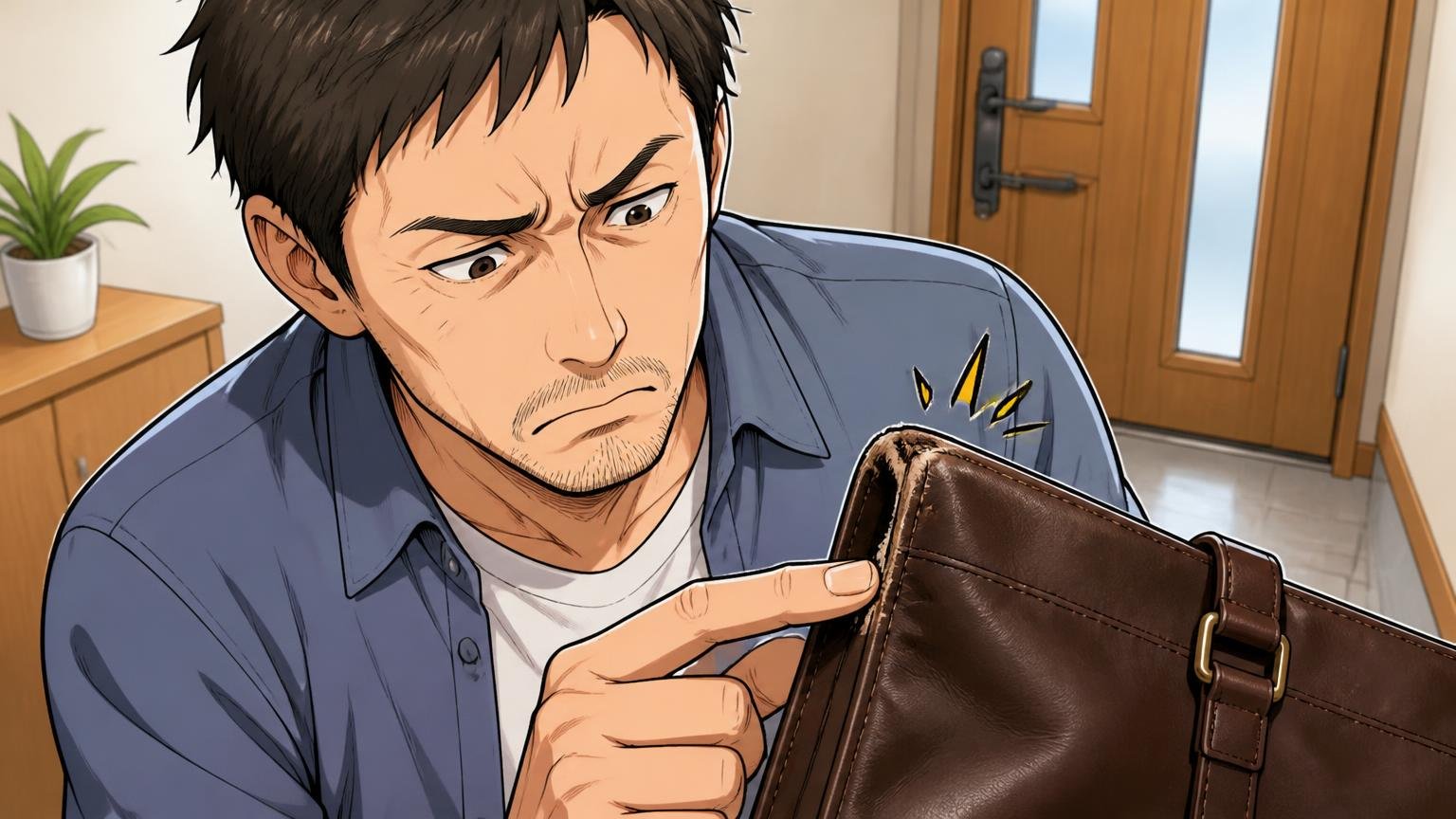 「約4か月で革が数ミリ剥がれた」★2｜49件中1件、保証と初期不良の確認を。玄関で革バッグの角を指でなぞる40代男性1人が眉をひそめる場面