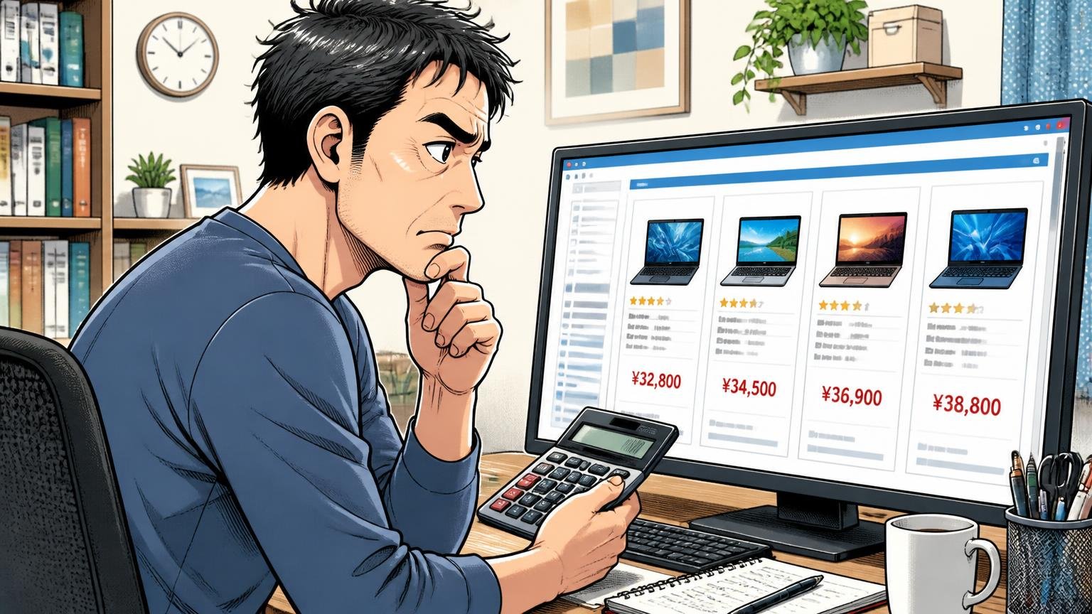 価格帯は3万円台が中心 自宅のデスクでPCの価格比較サイトを眺める場面 40代男性1人 電卓を手に考え込む